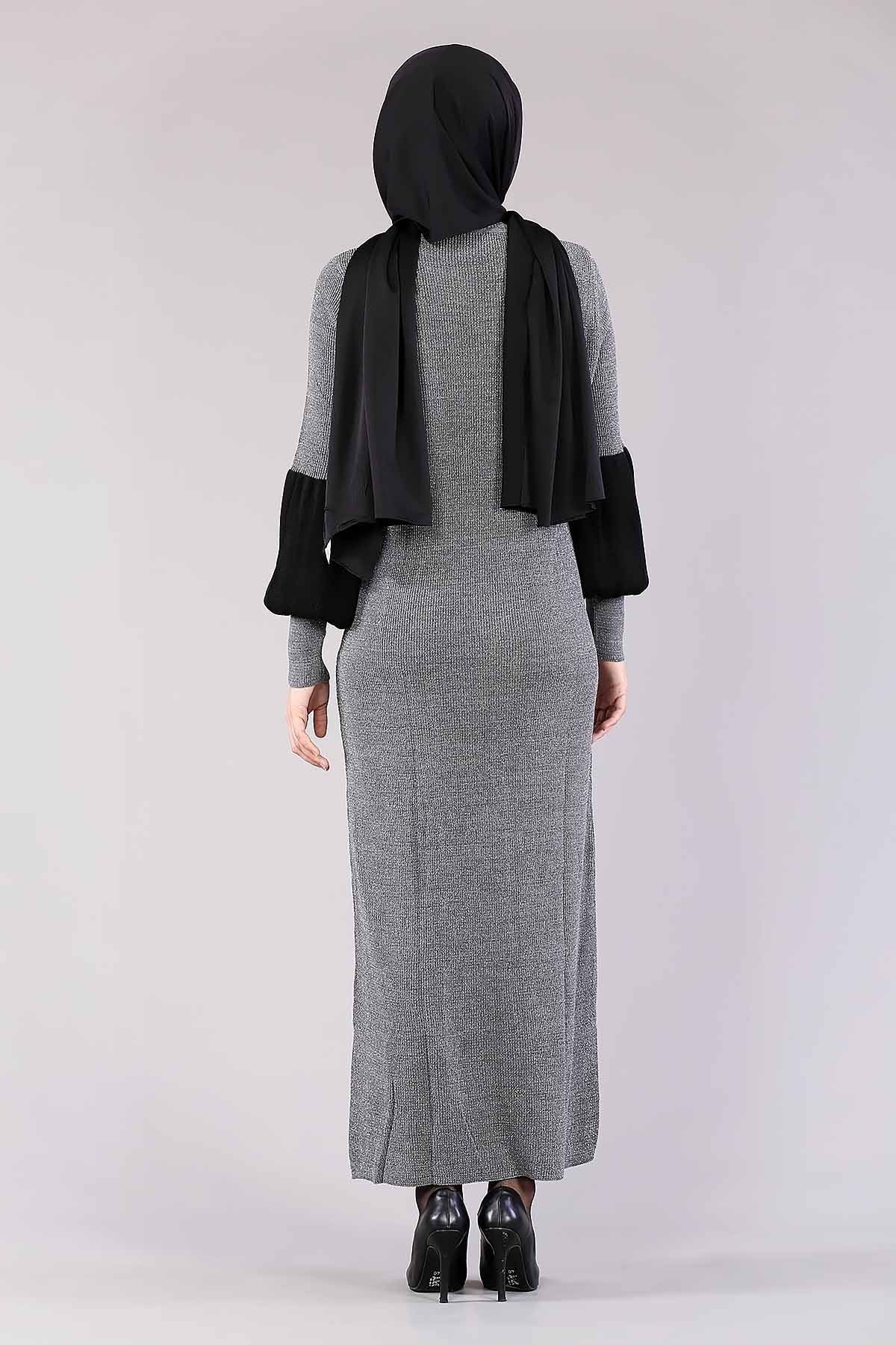 8291 Balon Kol Elbise Tek - Gri - 4