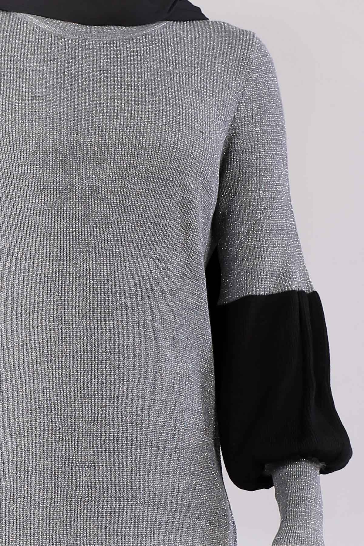 8291 Balon Kol Elbise Tek - Gri - 5