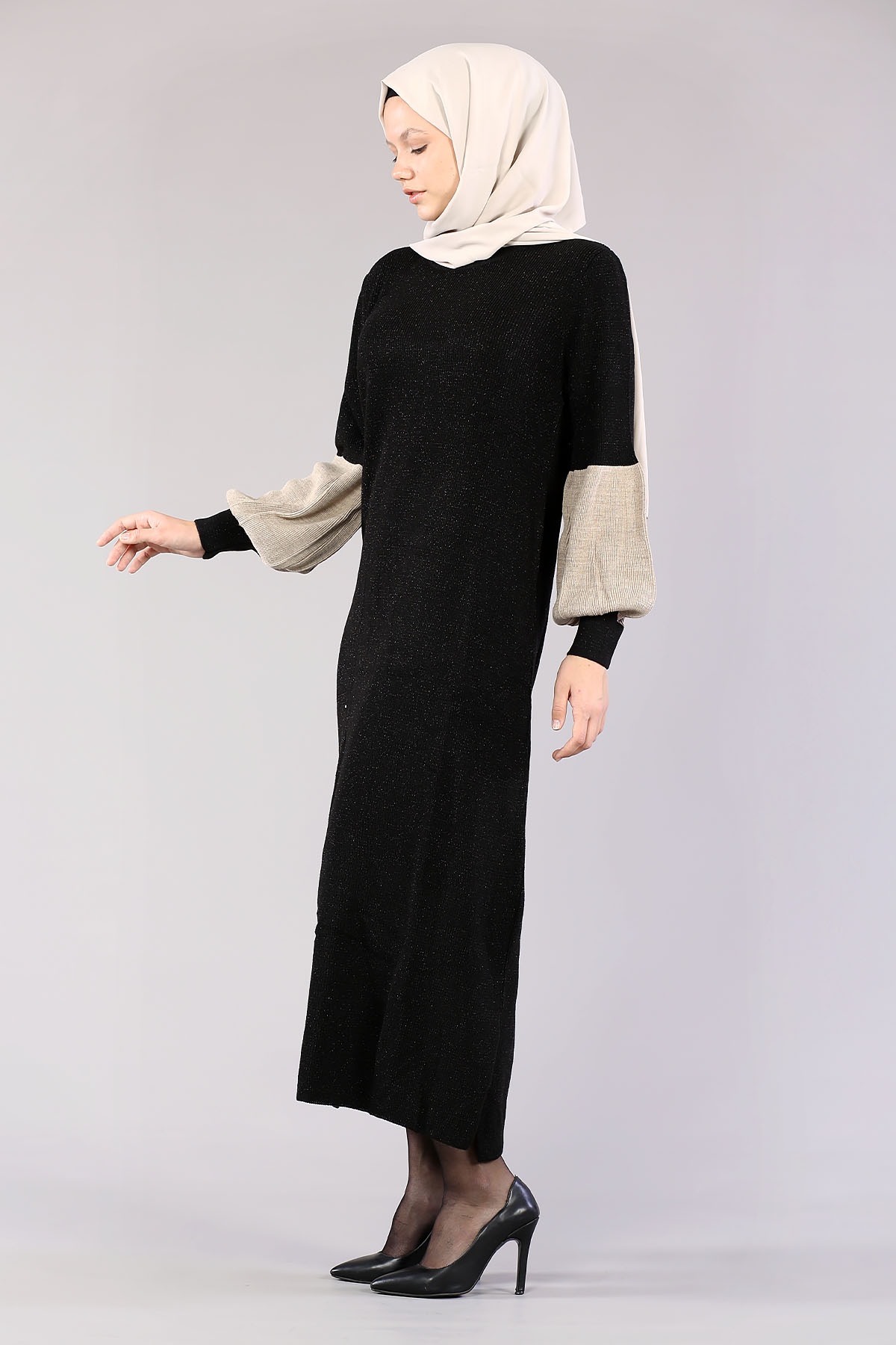 8291 Balon Kol Elbise Tek - Siyah - 1