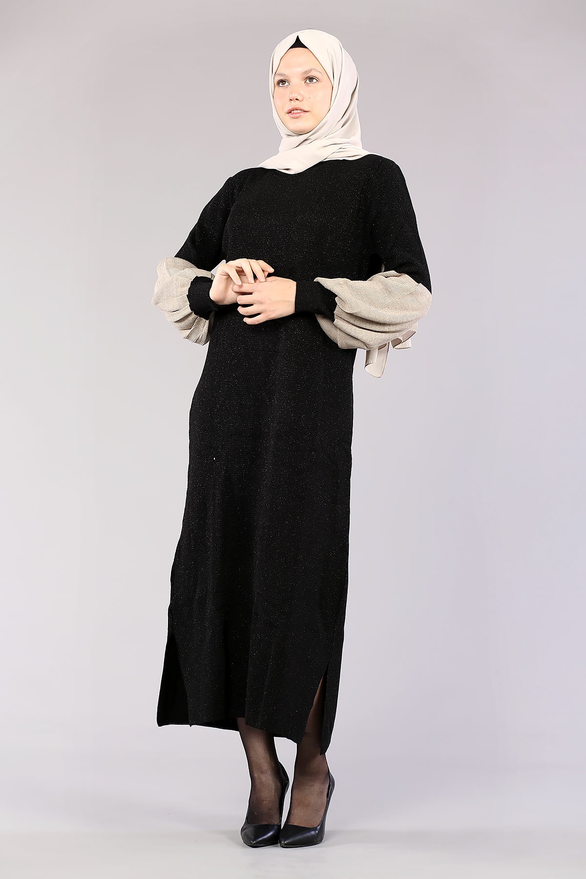 8291 Balon Kol Elbise Tek - Siyah - 2