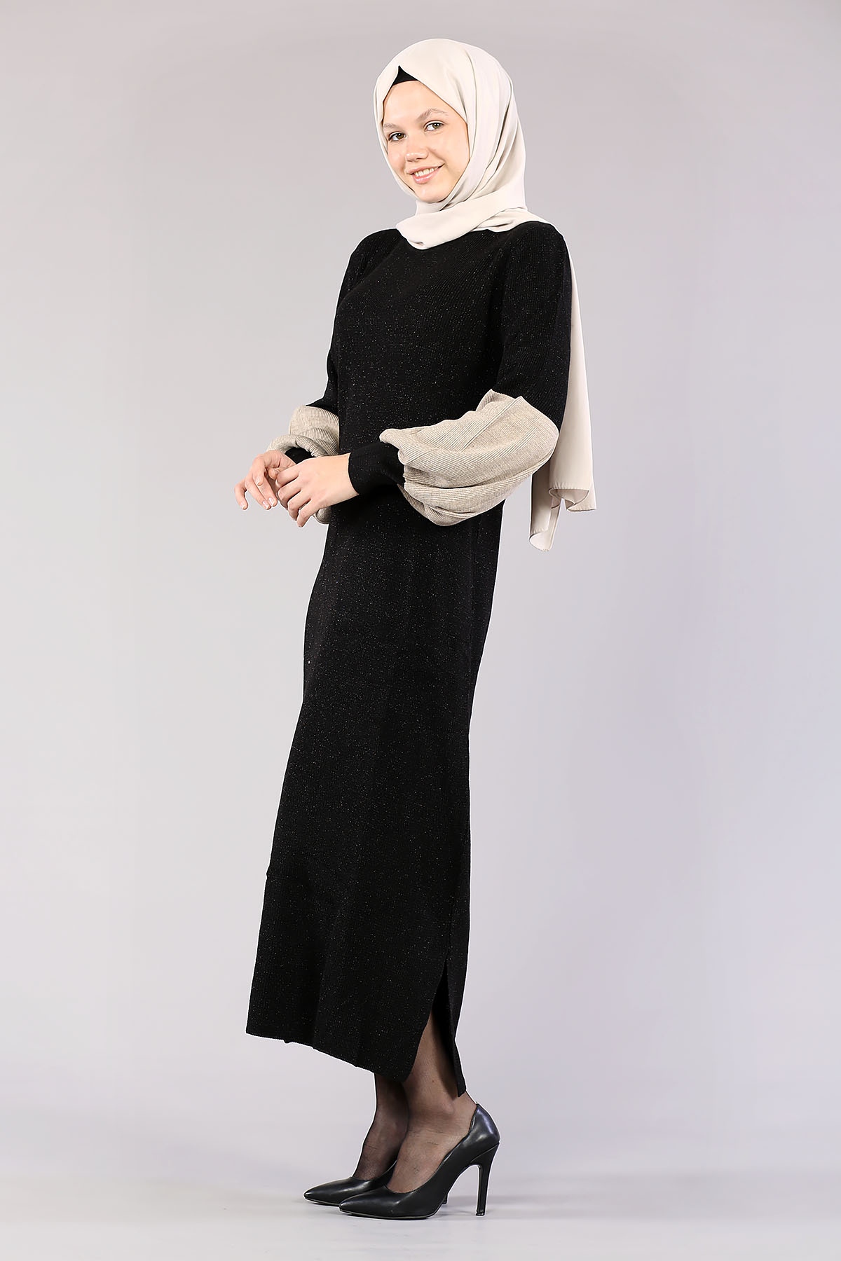 8291 Balon Kol Elbise Tek - Siyah - 3