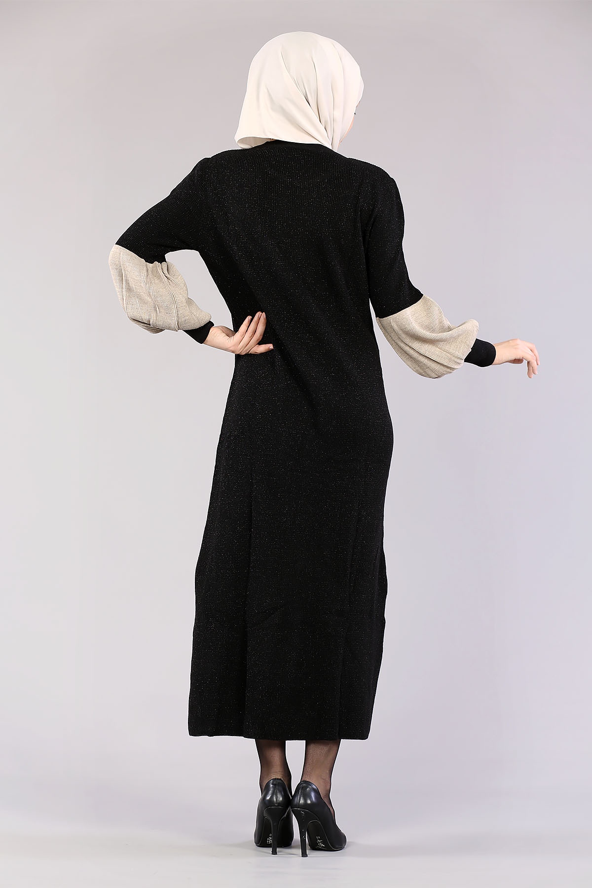 8291 Balon Kol Elbise Tek - Siyah - 4