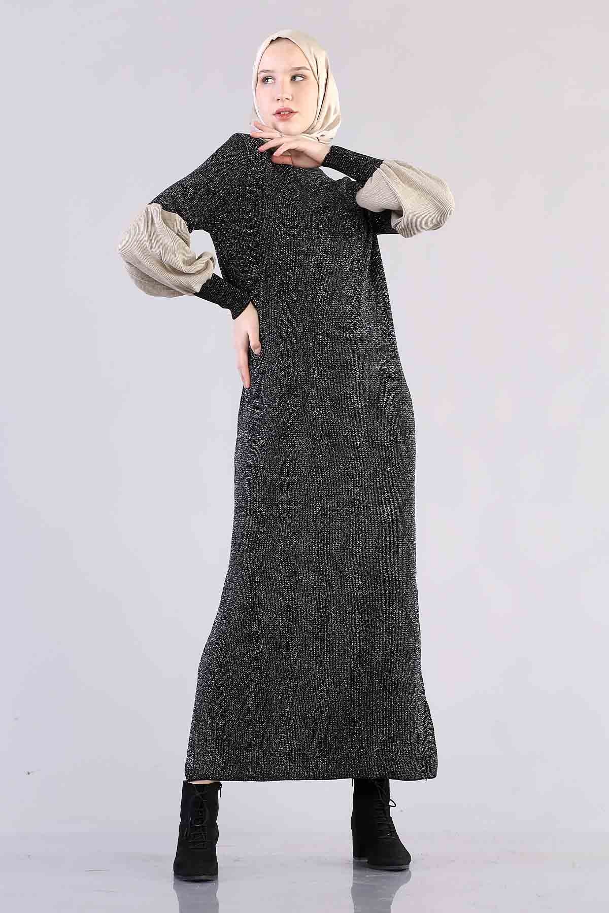 8291 Balon Kol Elbise Tek - Siyah_gumus - 1