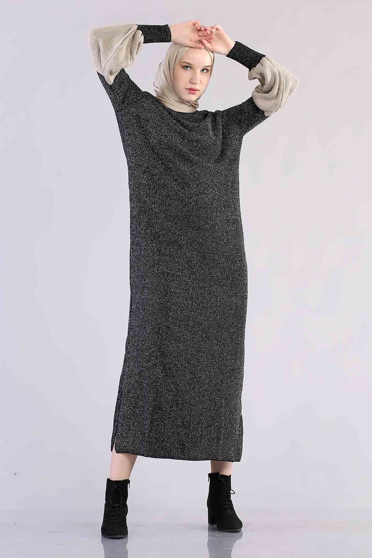 8291 Balon Kol Elbise Tek - Siyah_gumus - 2