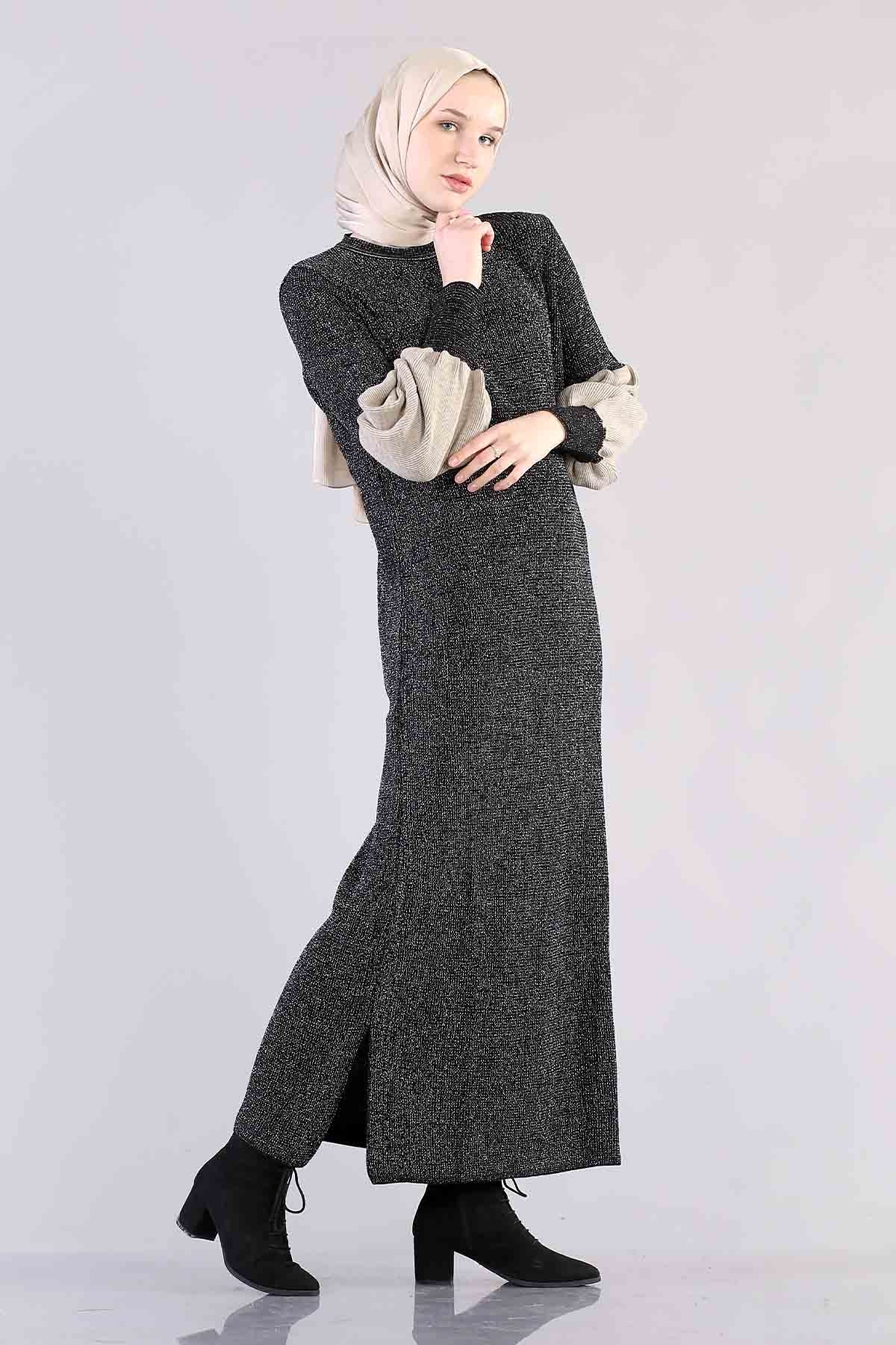 8291 Balon Kol Elbise Tek - Siyah_gumus - 3