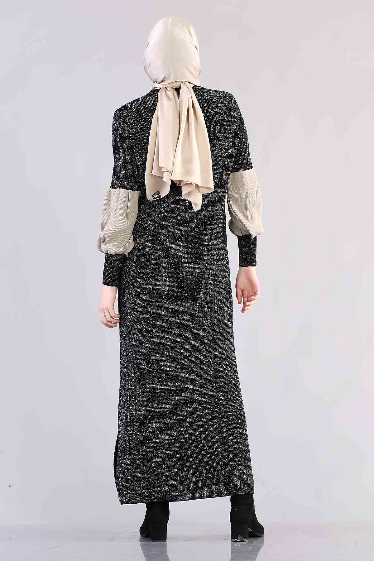 8291 Balon Kol Elbise Tek - Siyah_gumus - 4