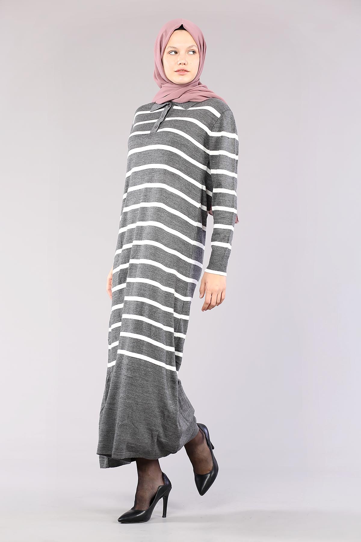8310 Polo çizgili Elbise Tek - Gri - 1