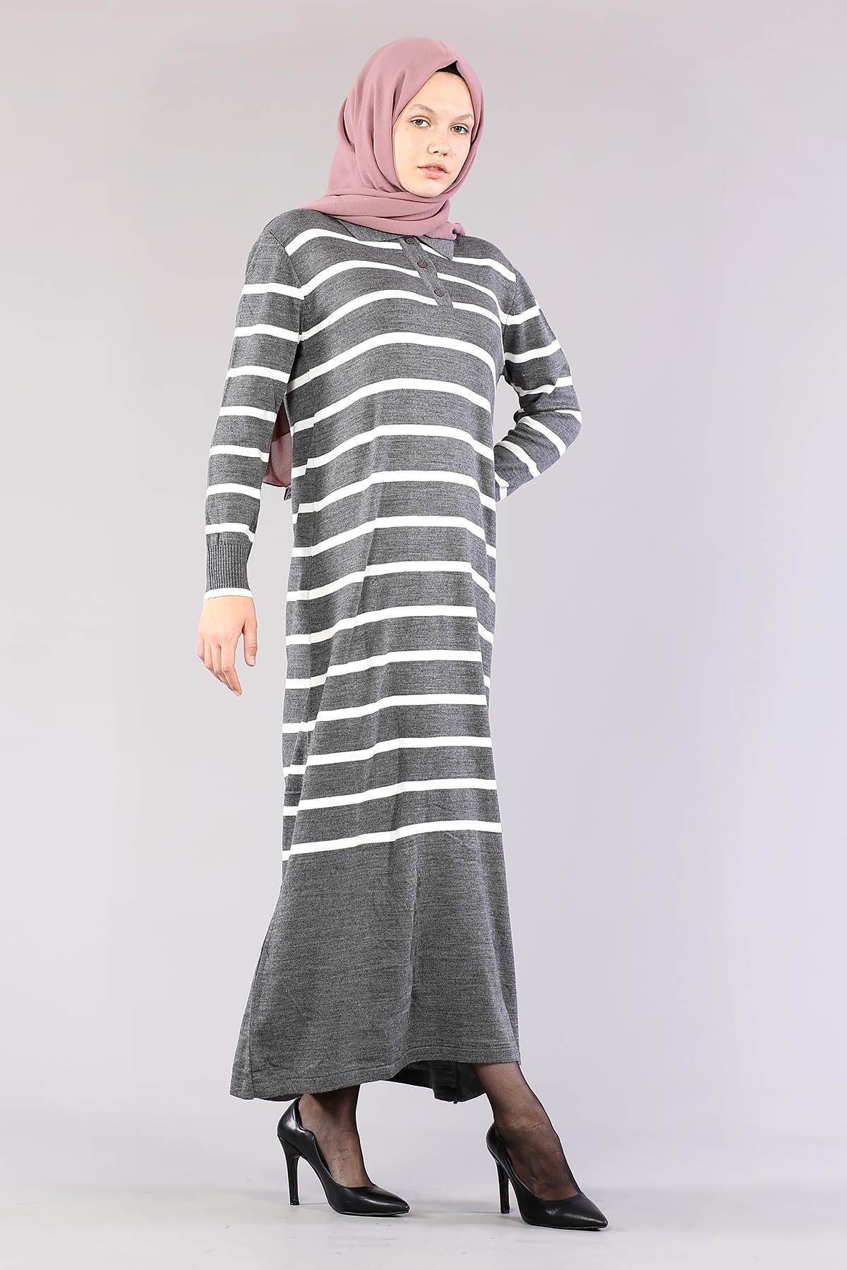 8310 Polo çizgili Elbise Tek - Gri - 2