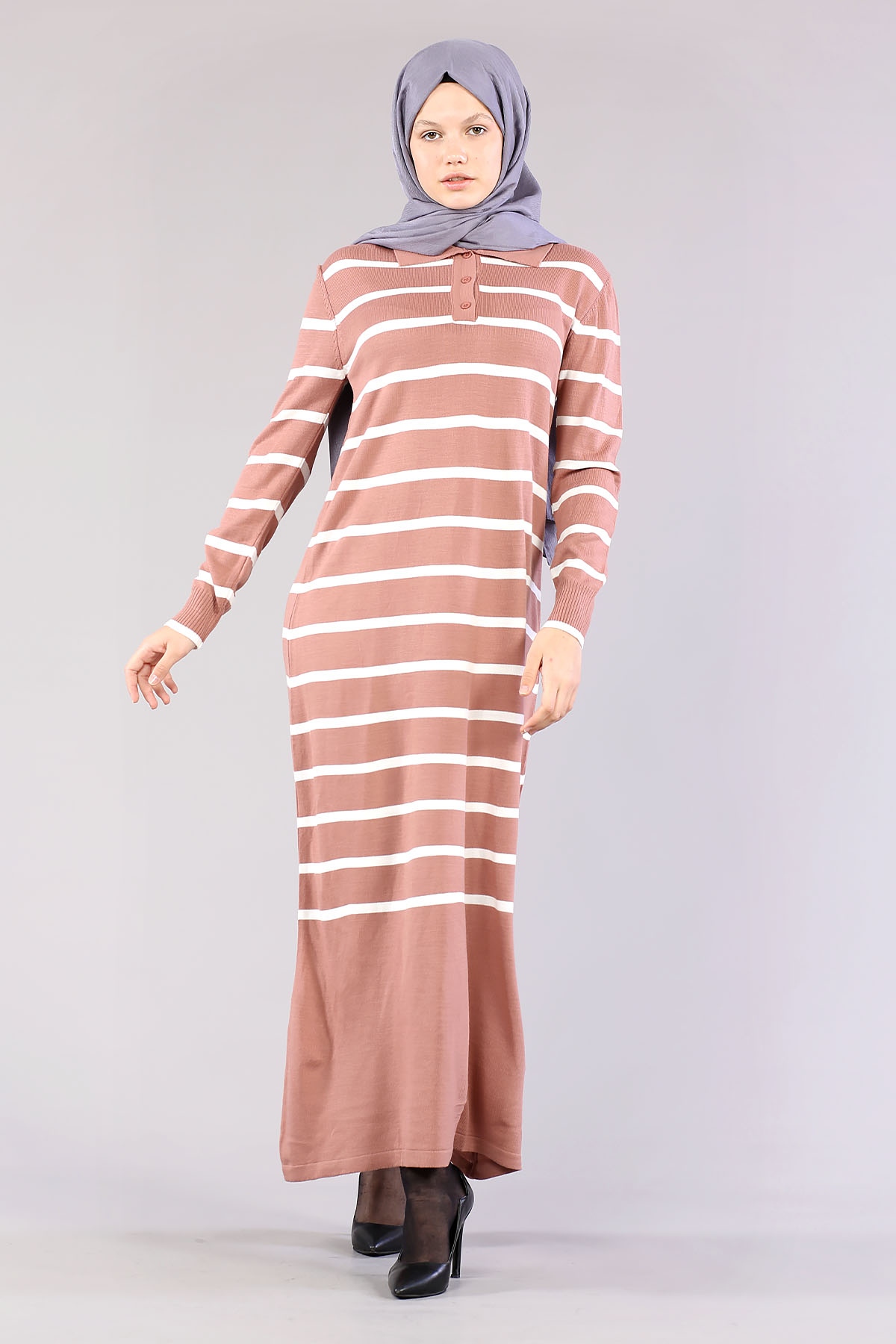 8310 Polo çizgili Elbise Tek - Gul - 1