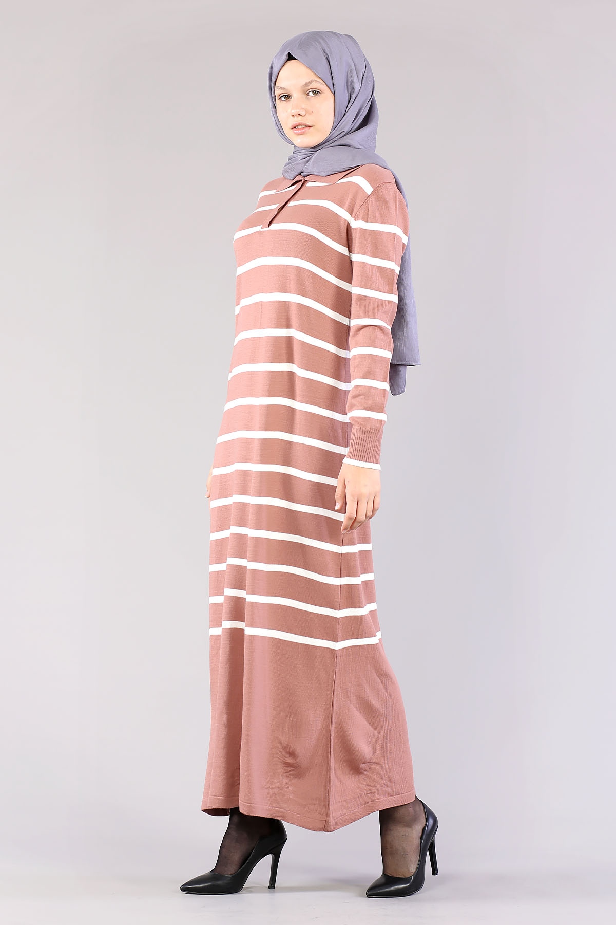 8310 Polo çizgili Elbise Tek - Gul - 2