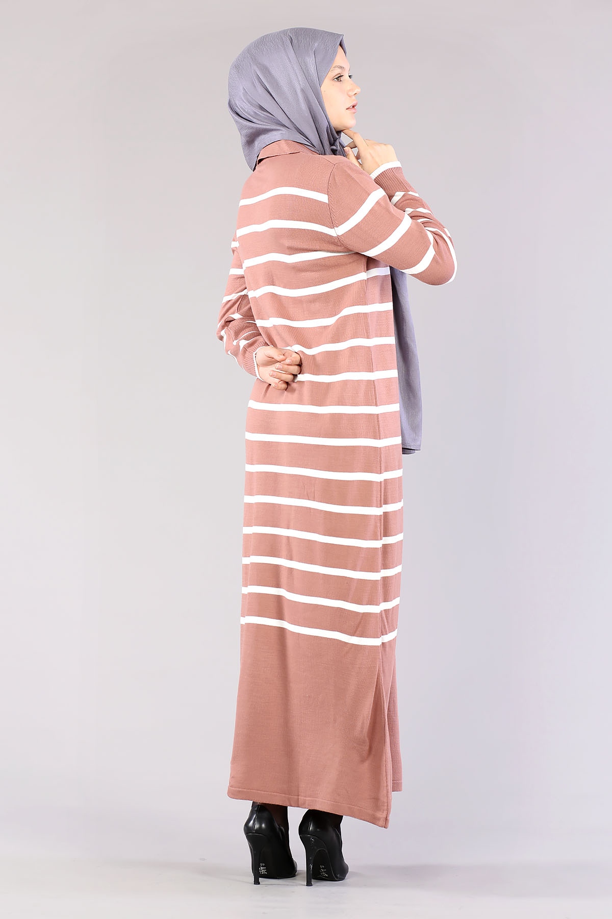 8310 Polo çizgili Elbise Tek - Gul - 3