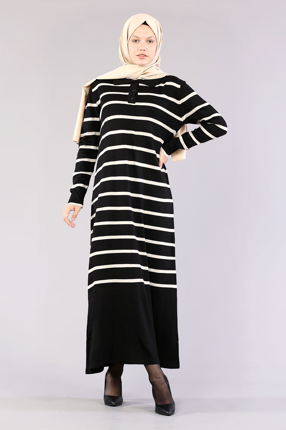 8310 Polo çizgili Elbise Tek - Siyah - 1