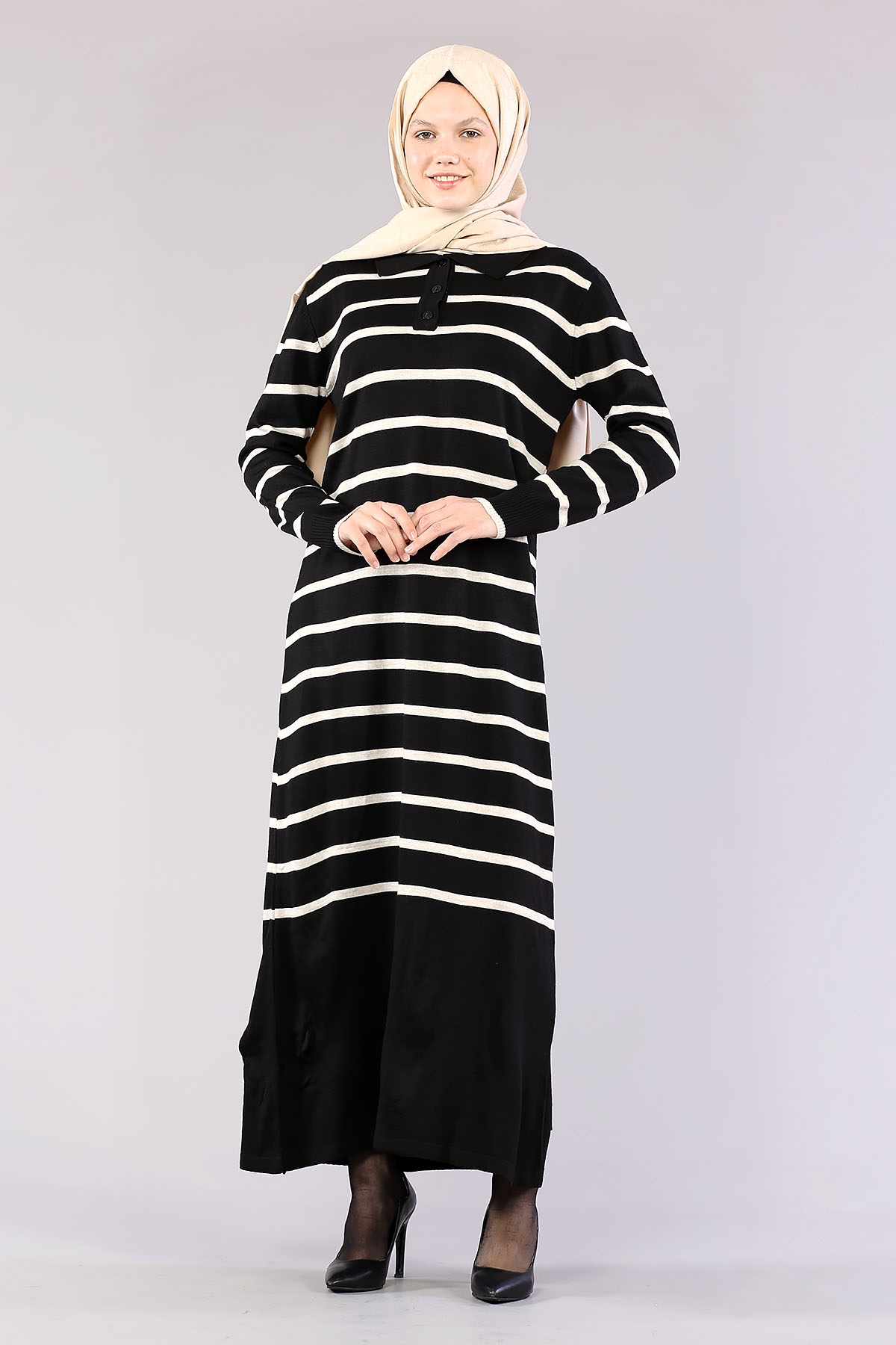 8310 Polo çizgili Elbise Tek - Siyah - 2