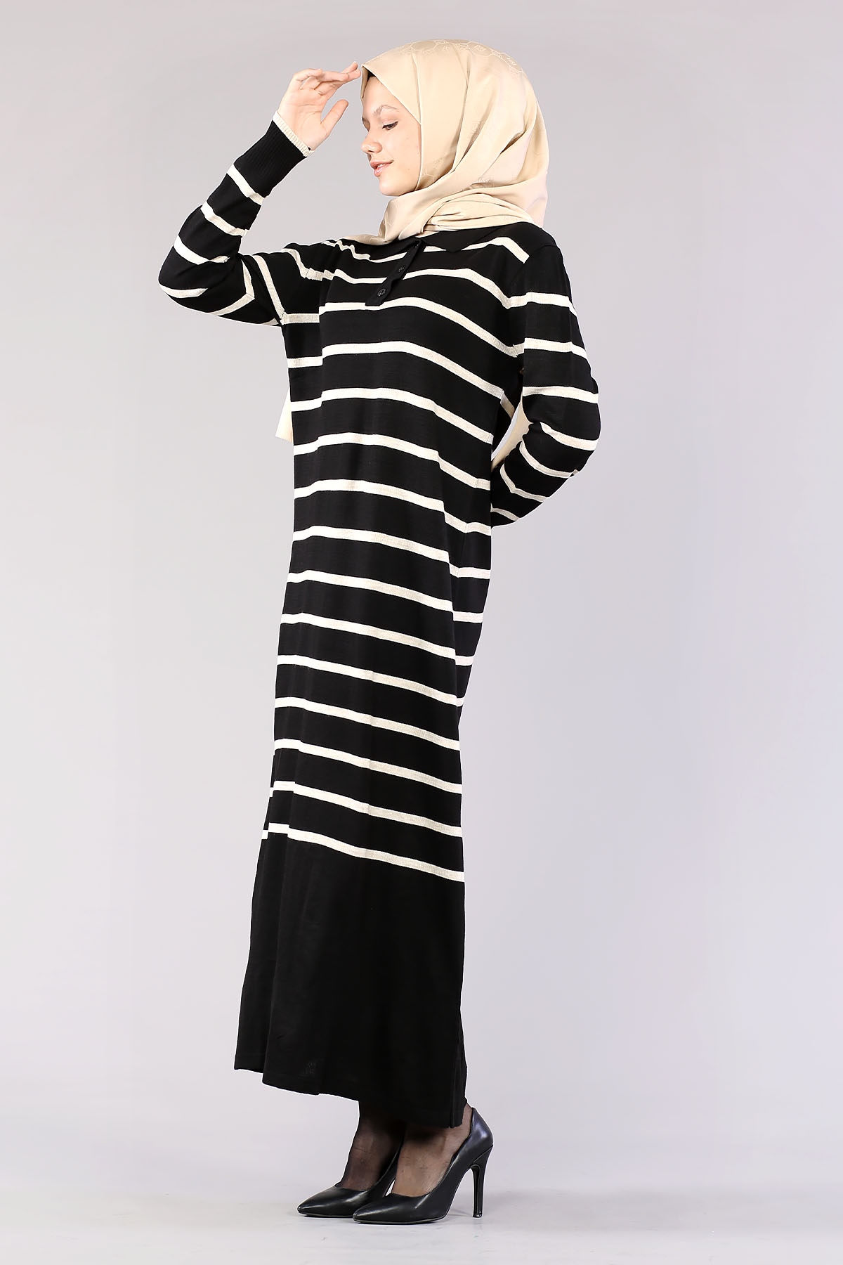 8310 Polo çizgili Elbise Tek - Siyah - 3