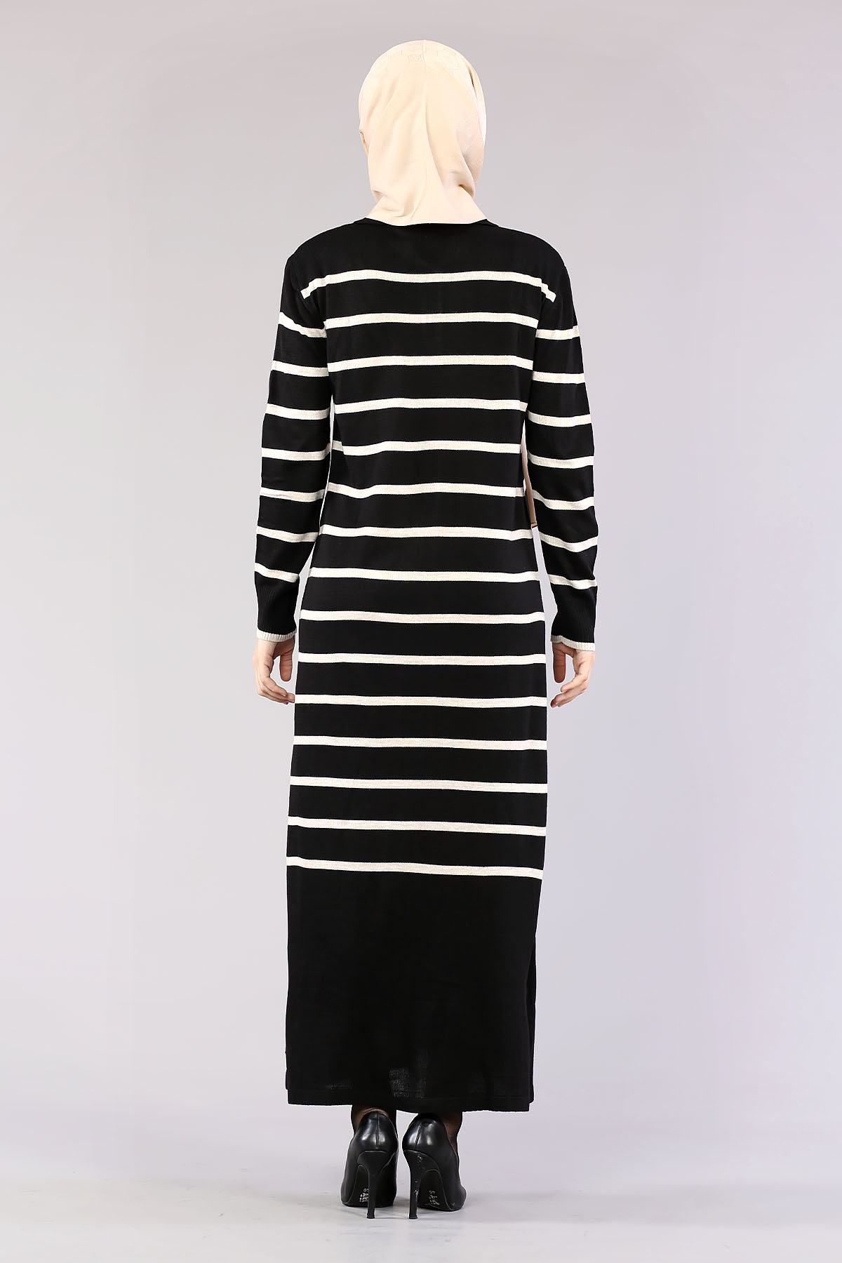 8310 Polo çizgili Elbise Tek - Siyah - 4