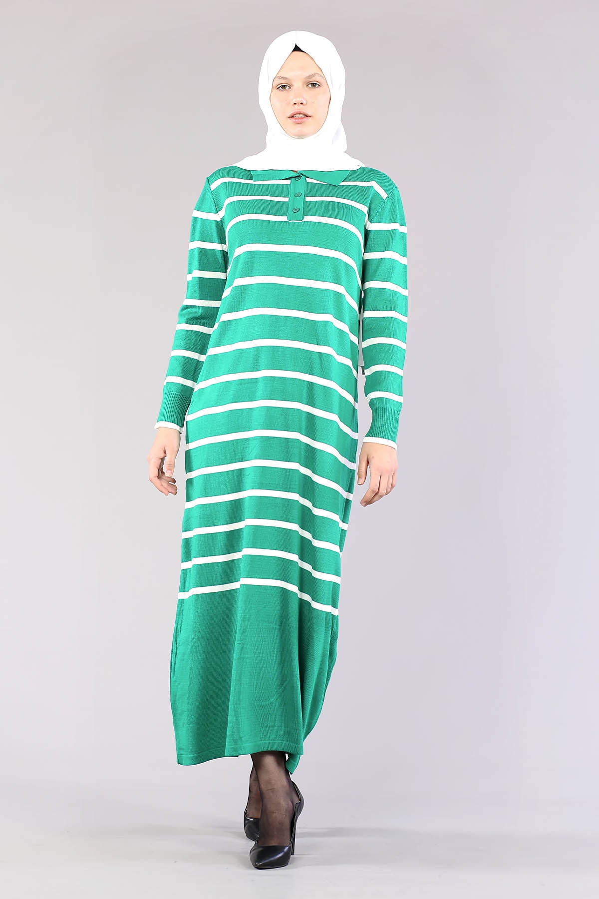 8310 Polo çizgili Elbise Tek - Yesil - 1