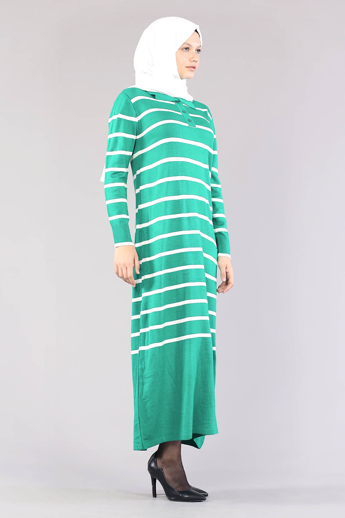8310 Polo çizgili Elbise Tek - Yesil - 2