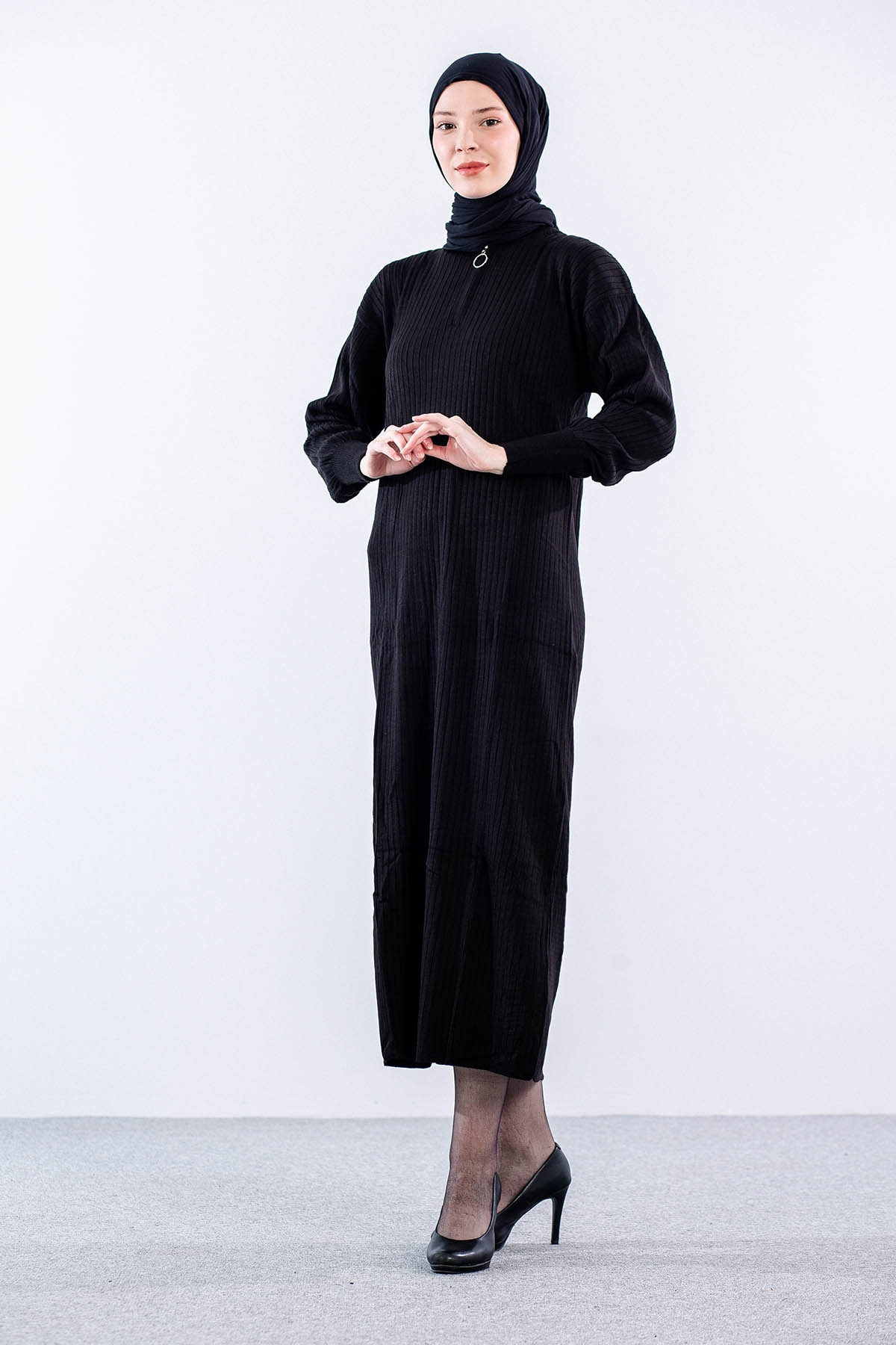 8341 Triko Elbise Tek - Siyah - 1