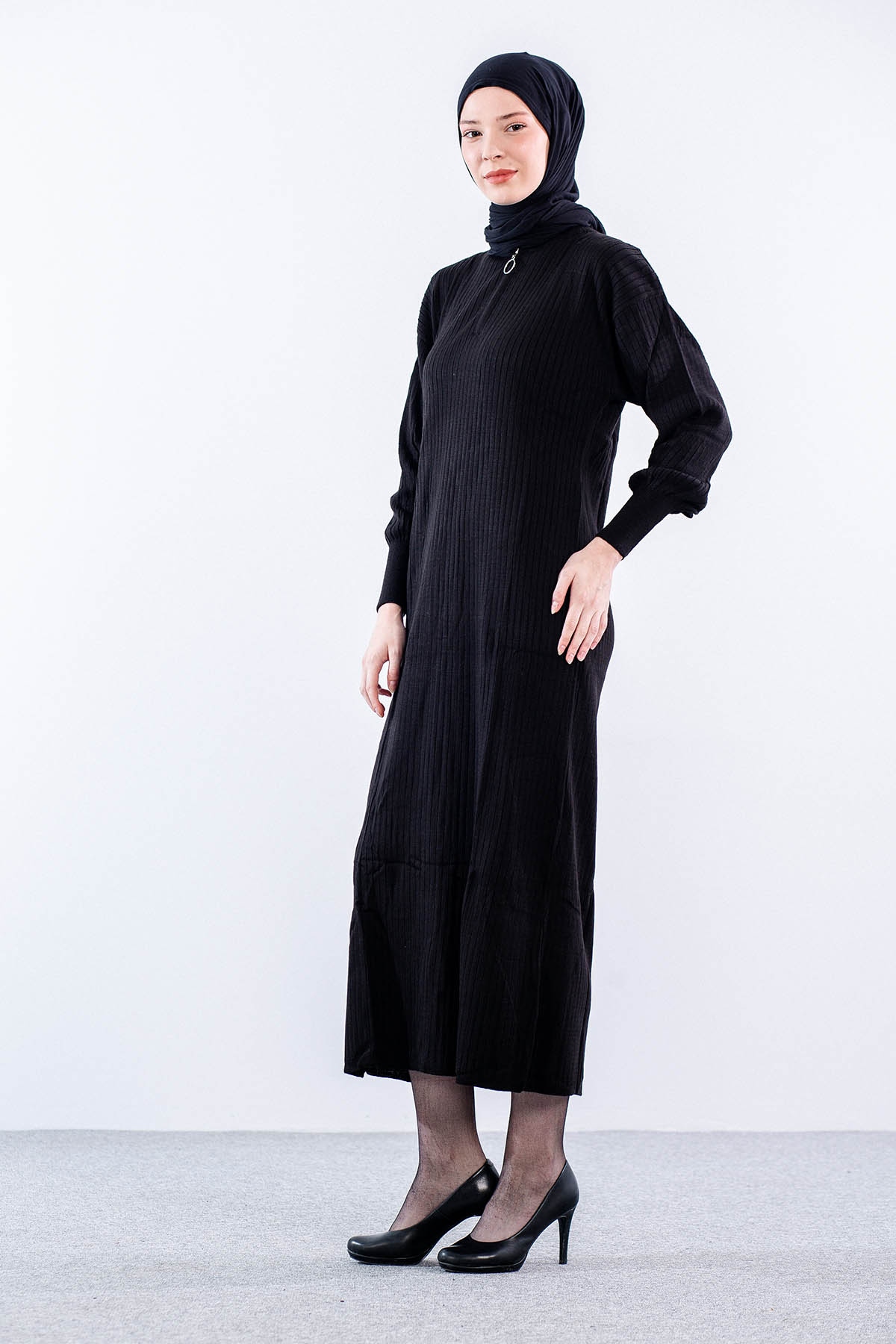 8341 Triko Elbise Tek - Siyah - 2