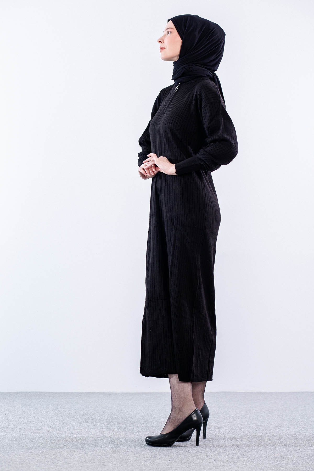 8341 Triko Elbise Tek - Siyah - 3