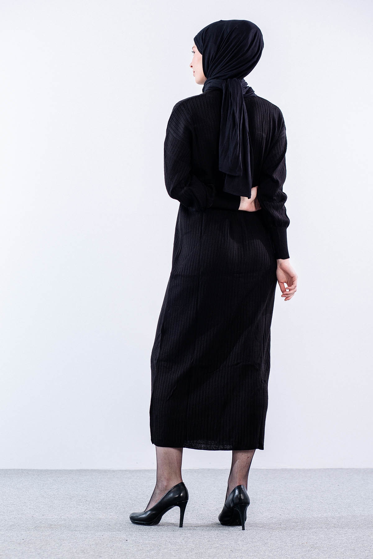 8341 Triko Elbise Tek - Siyah - 4