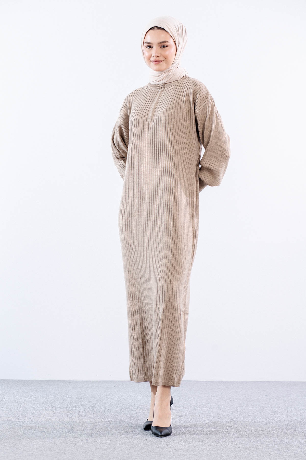 8341 Triko Elbise Tek - Vizon - 1