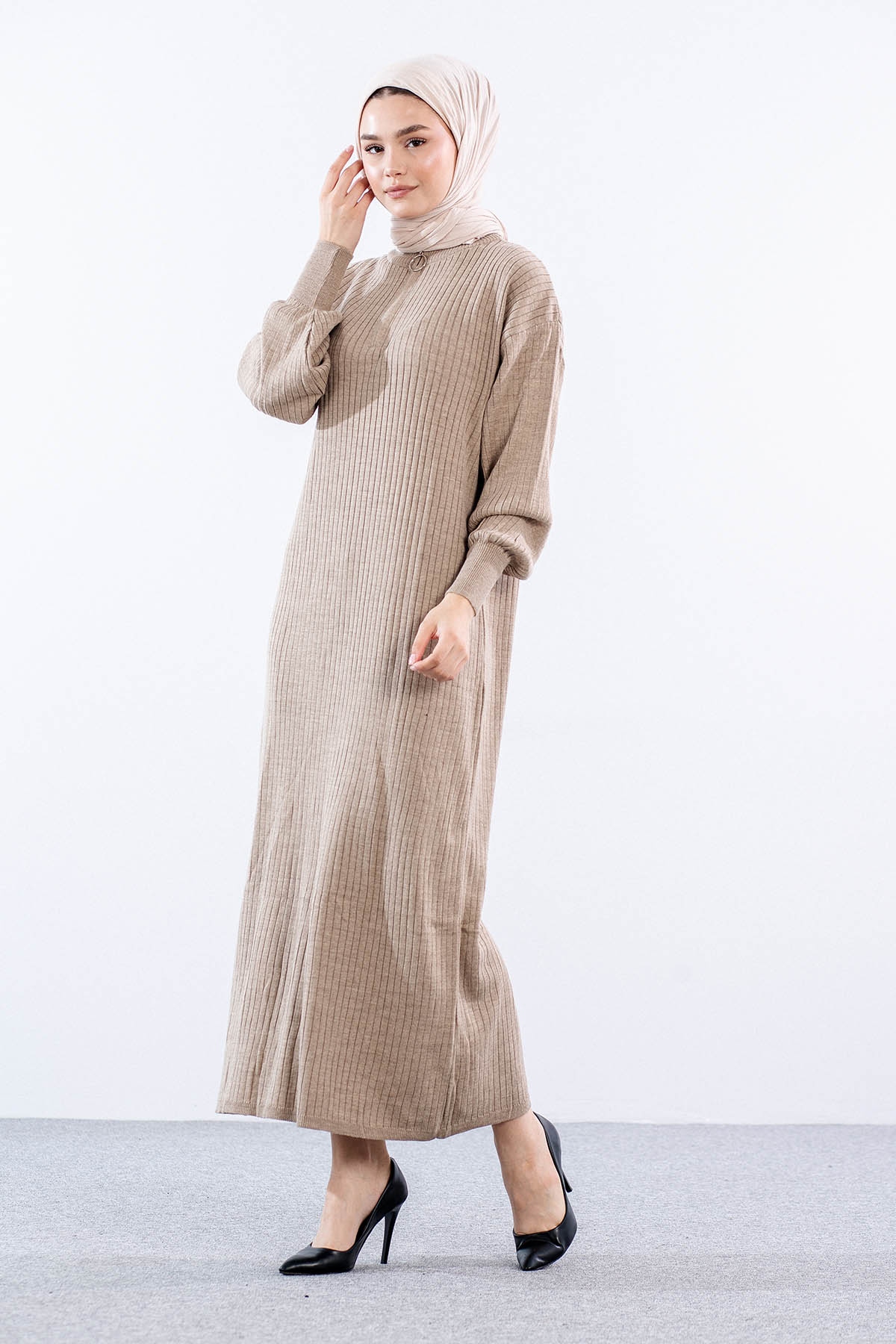 8341 Triko Elbise Tek - Vizon - 2