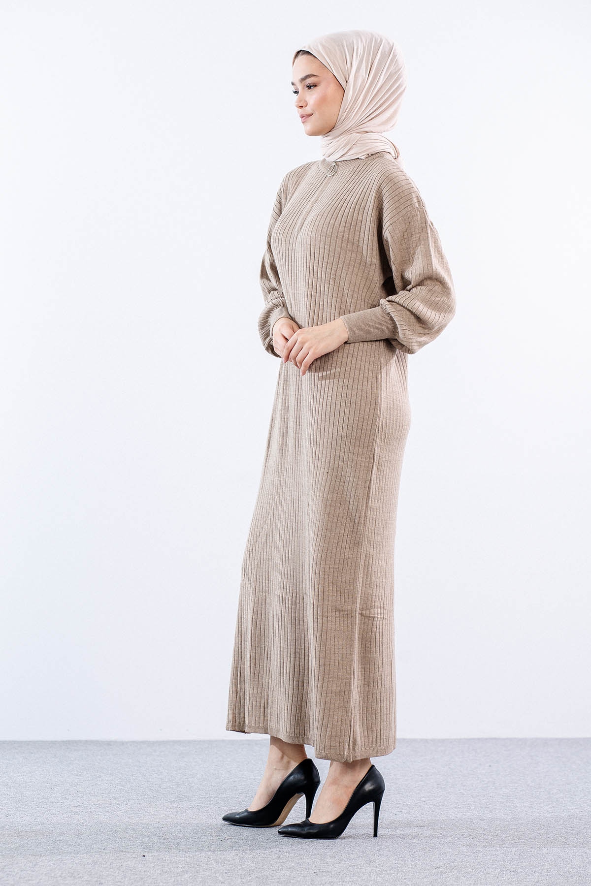 8341 Triko Elbise Tek - Vizon - 3