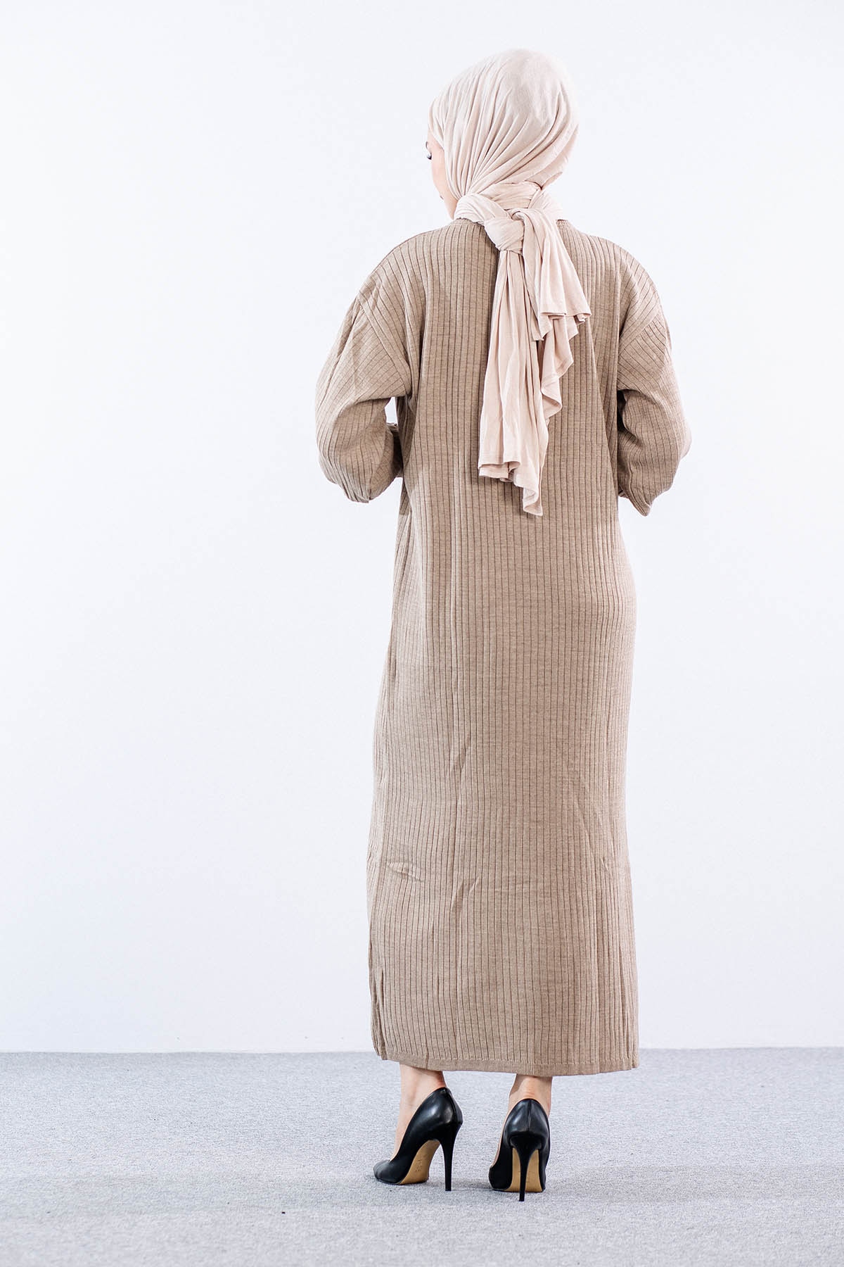 8341 Triko Elbise Tek - Vizon - 4