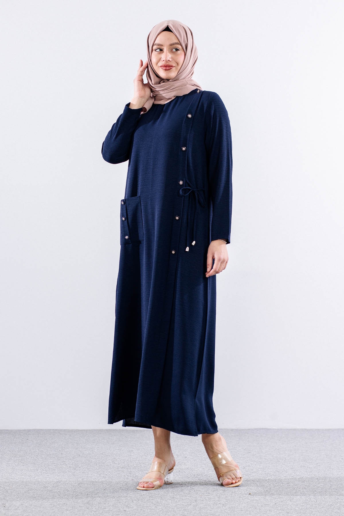 8406 Elbise 44-52 Ae Dugme - Lacivert - 1