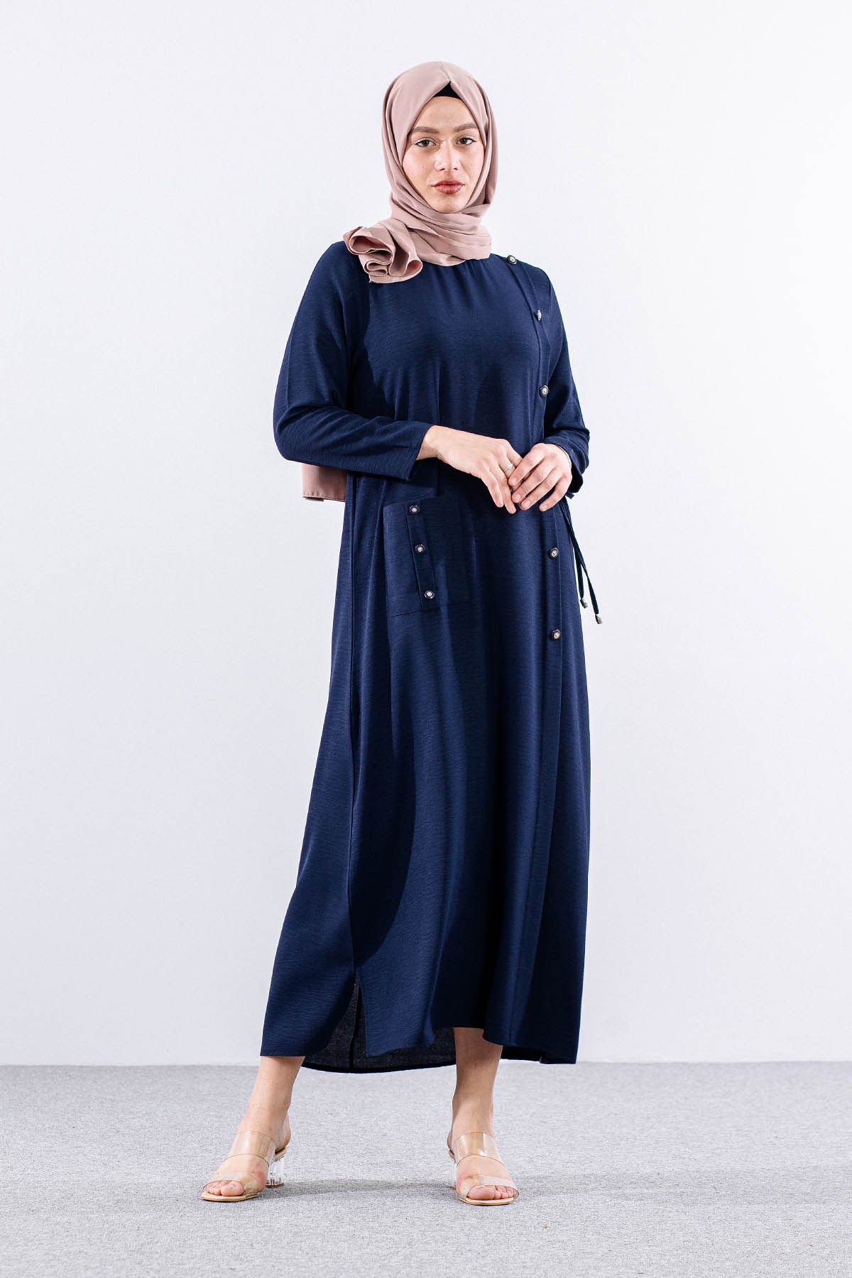 8406 Elbise 44-52 Ae Dugme - Lacivert - 4