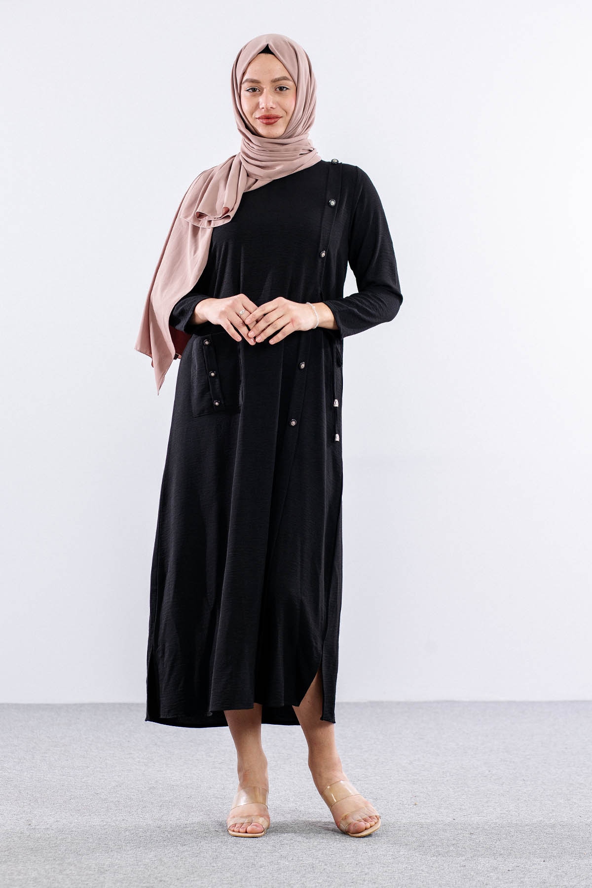 8406 Elbise 44-52 Ae Dugme - Siyah - 1