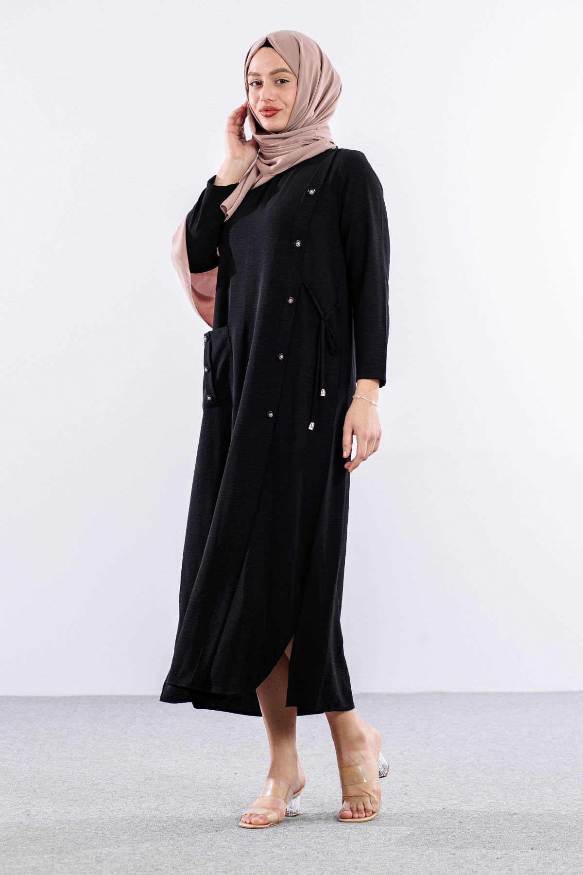 8406 Elbise 44-52 Ae Dugme - Siyah - 2