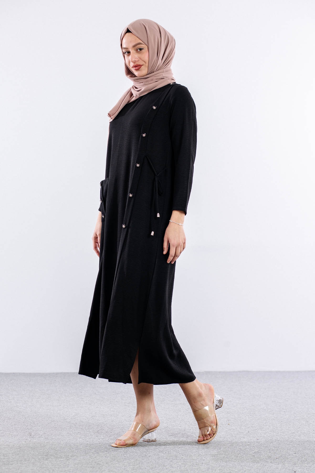 8406 Elbise 44-52 Ae Dugme - Siyah - 3