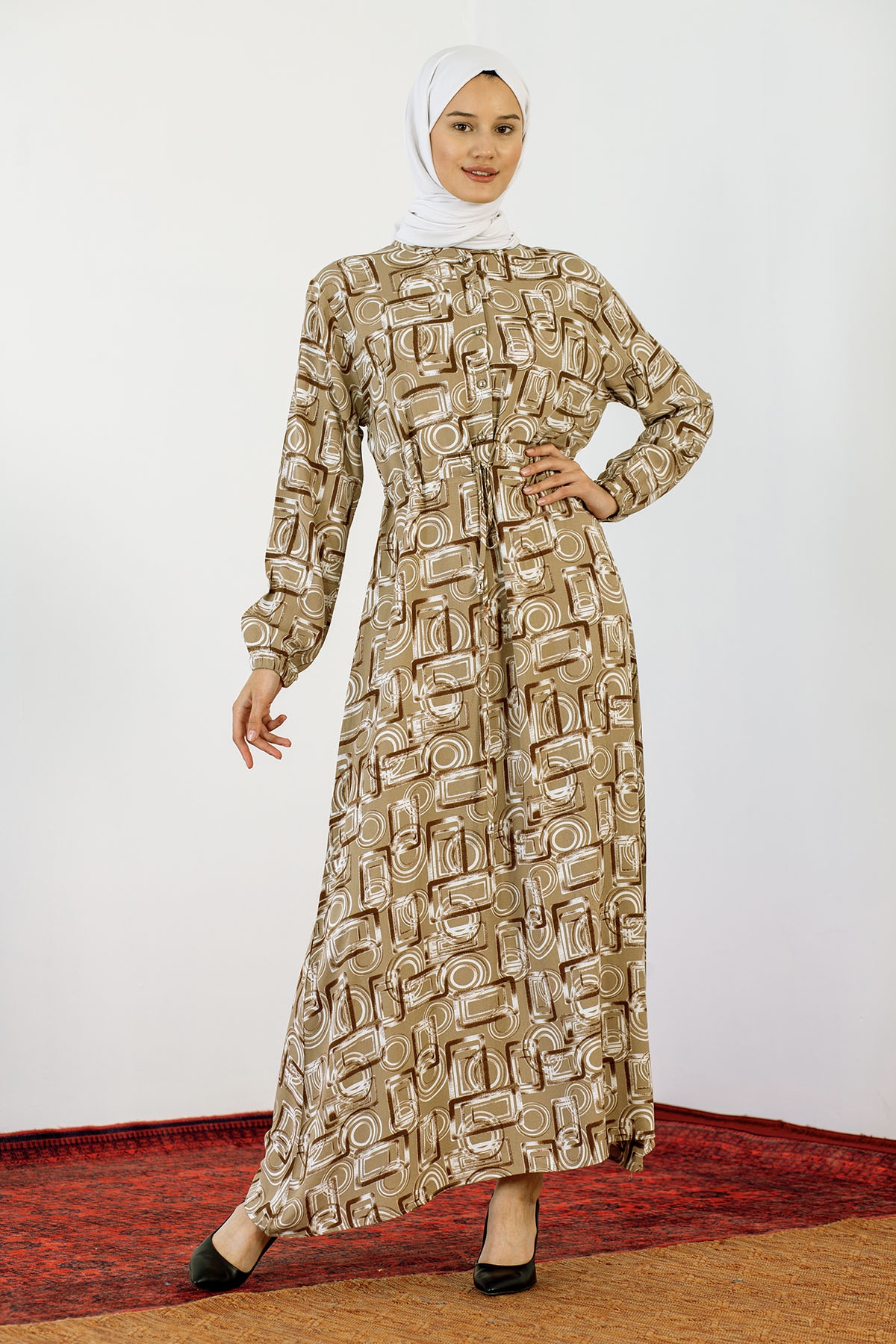 8427 Elbise 44-52 Kare - Bej - 1