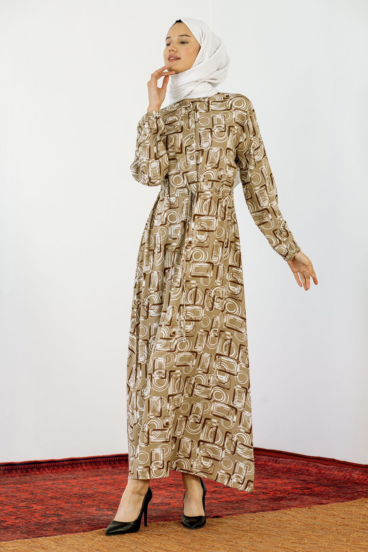 8427 Elbise 44-52 Kare - Bej - 2