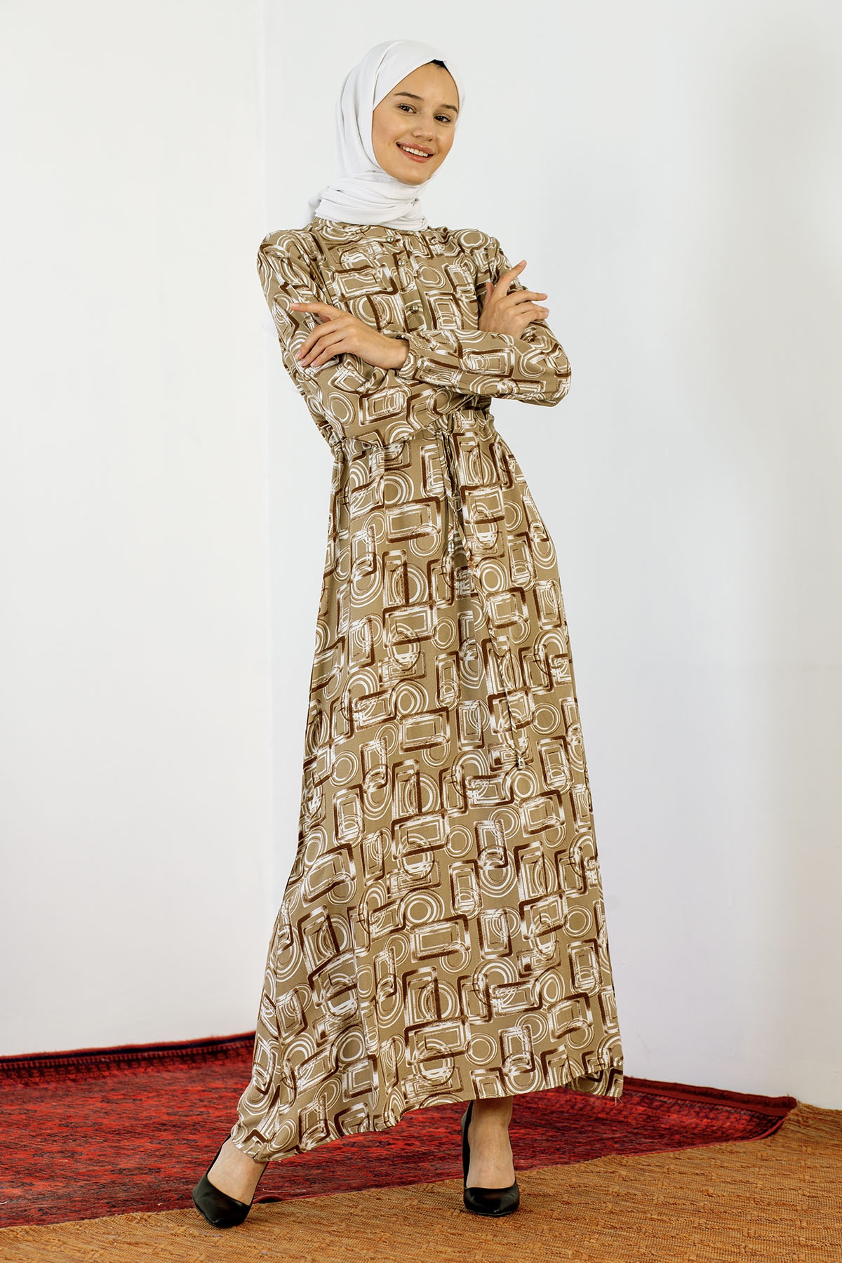 8427 Elbise 44-52 Kare - Bej - 3