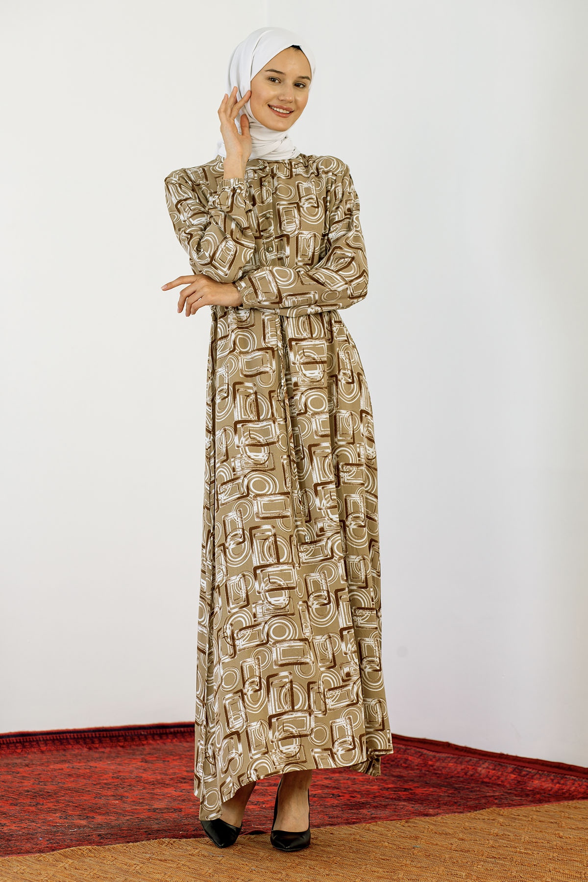 8427 Elbise 44-52 Kare - Bej - 4