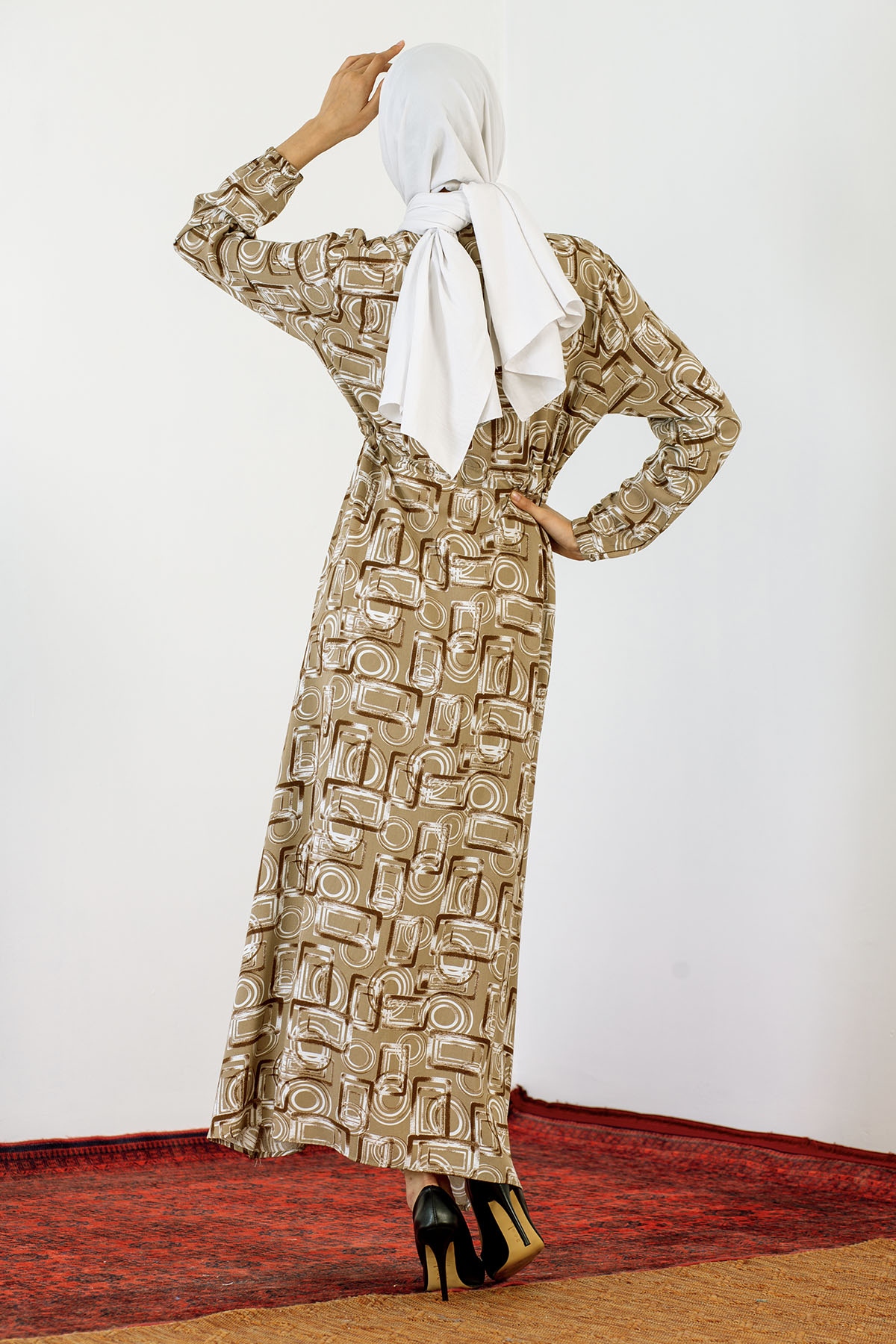 8427 Elbise 44-52 Kare - Bej - 6