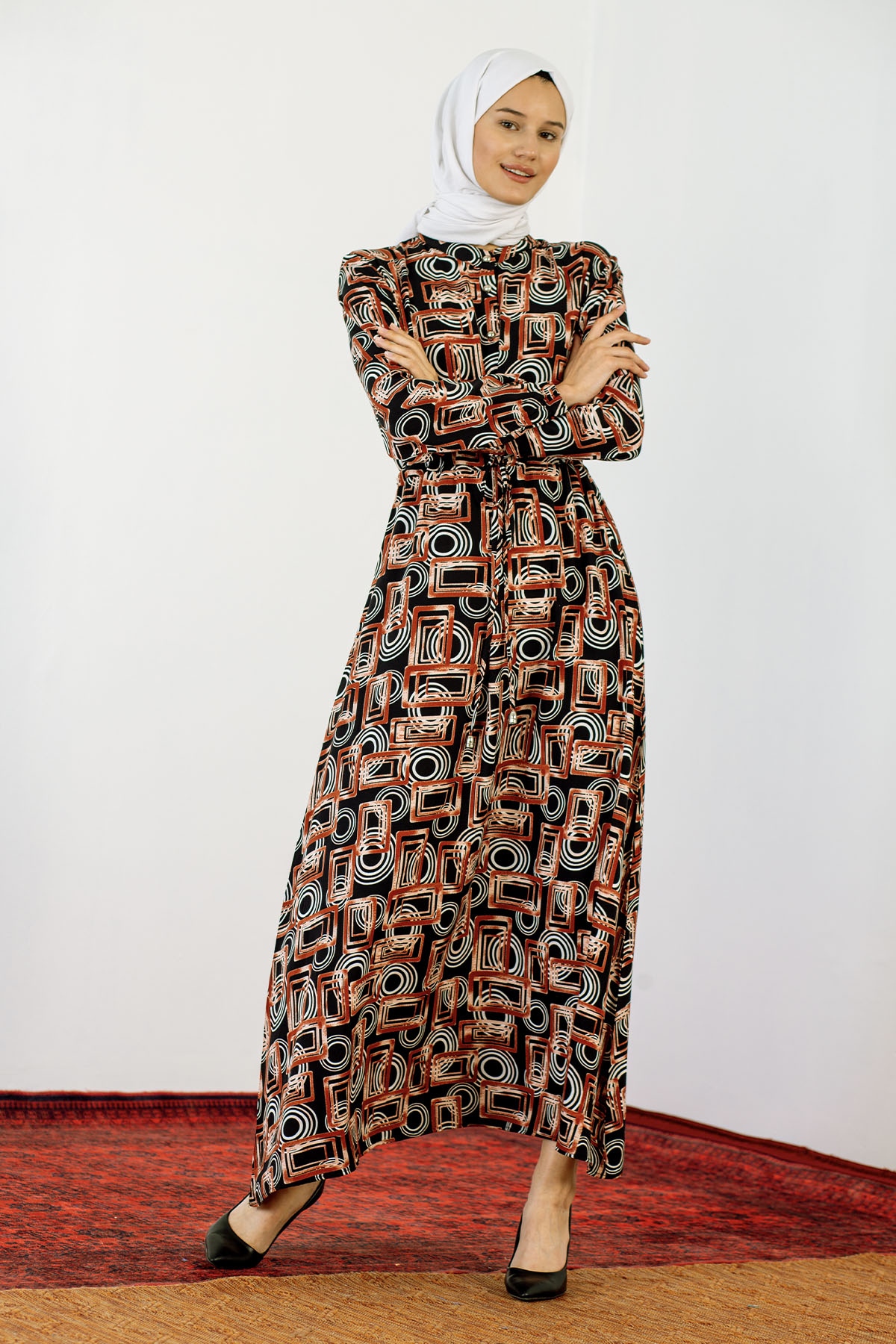 8427 Elbise 44-52 Kare - Kiremit - 1