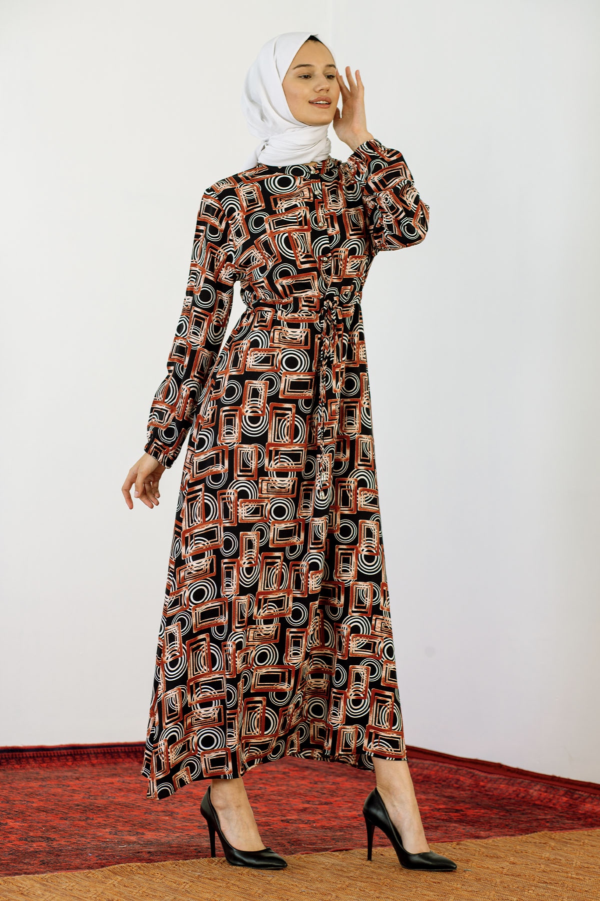 8427 Elbise 44-52 Kare - Kiremit - 3