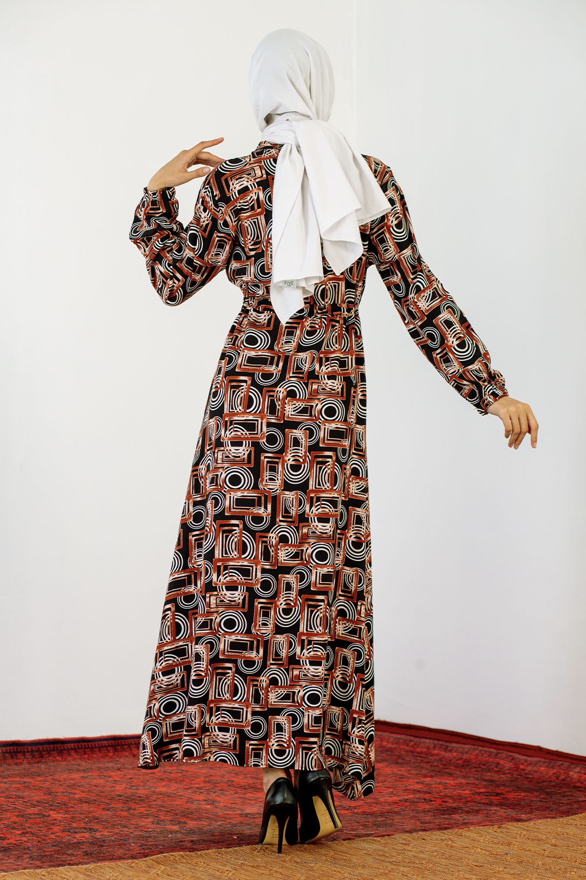 8427 Elbise 44-52 Kare - Kiremit - 5