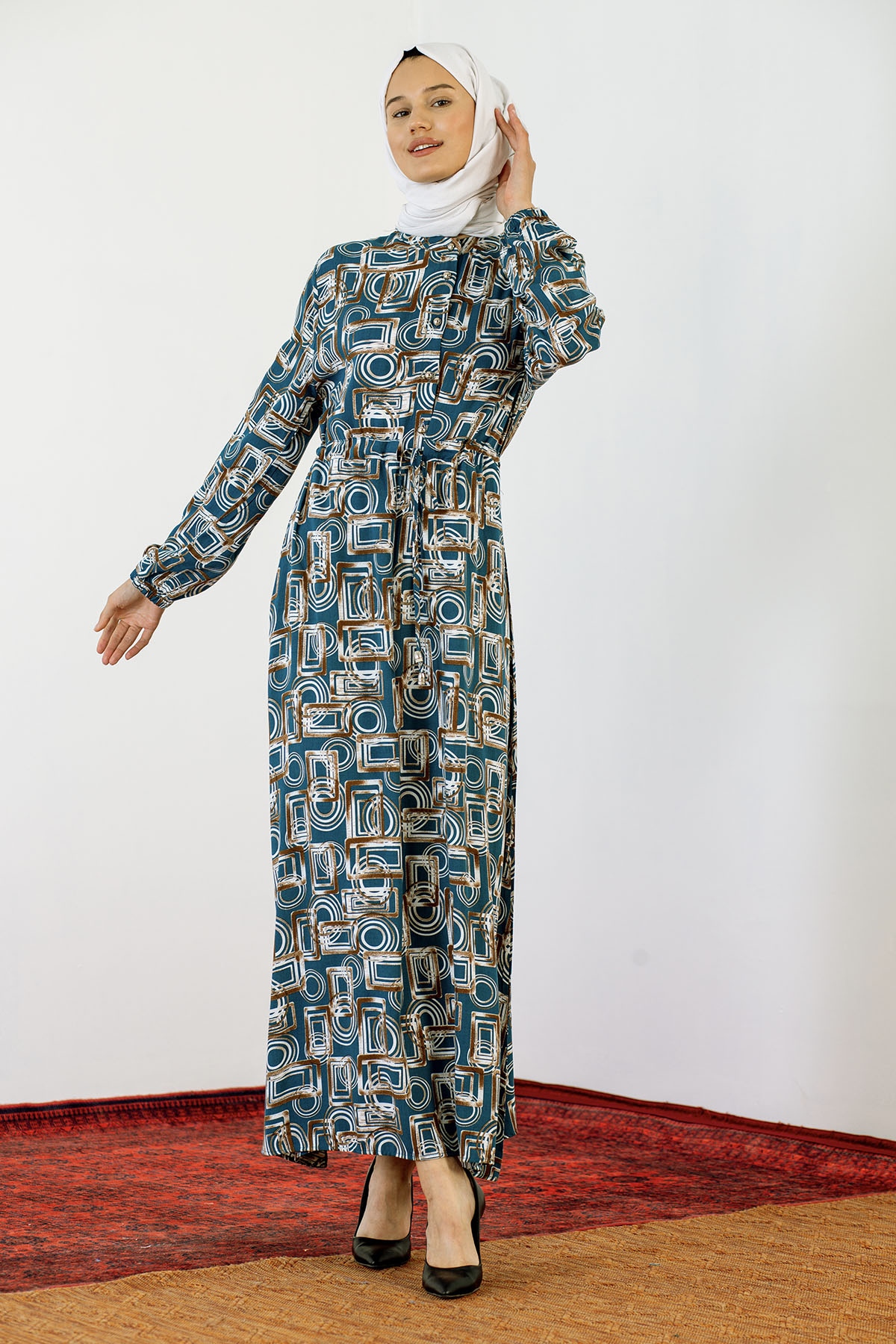 8427 Elbise 44-52 Kare - Mavi - 1