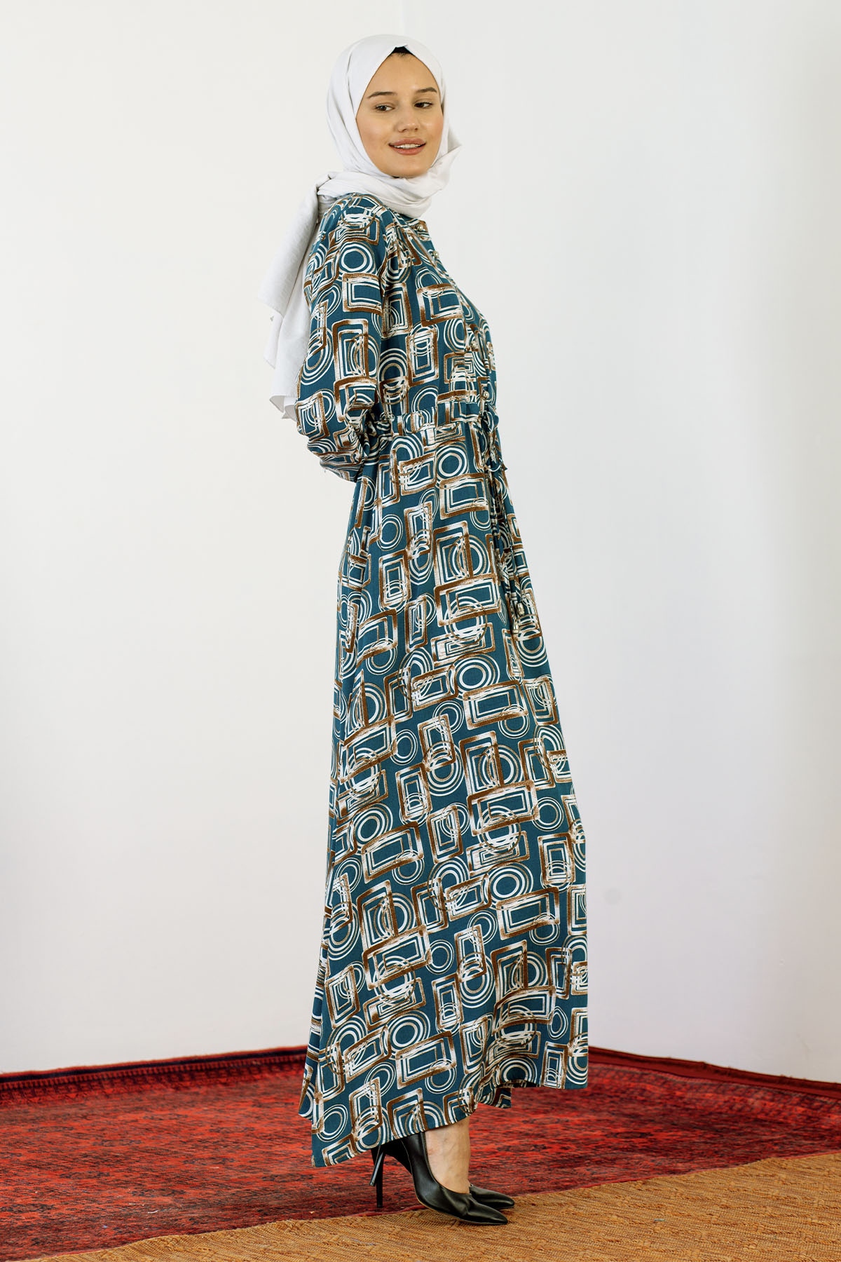 8427 Elbise 44-52 Kare - Mavi - 4