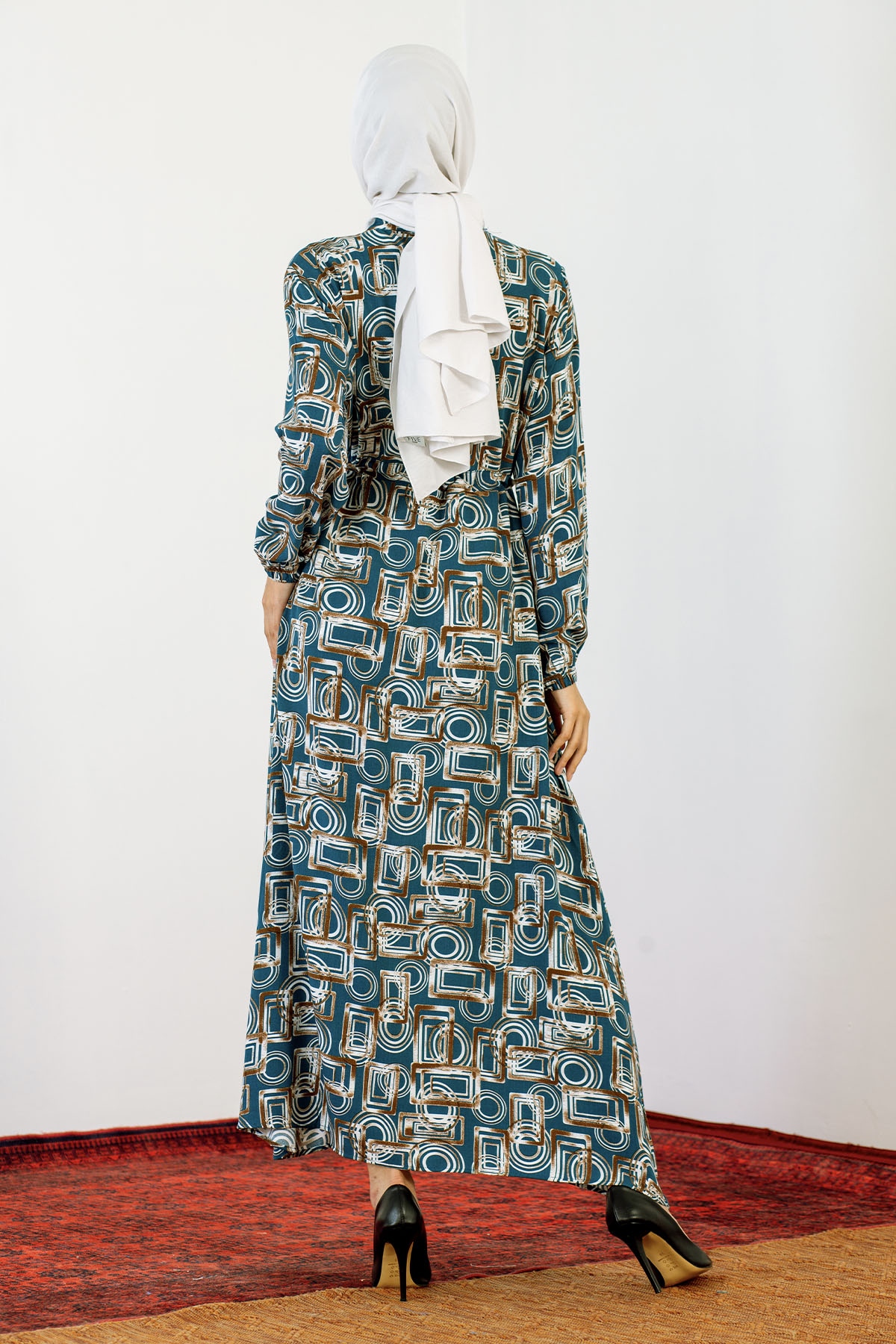 8427 Elbise 44-52 Kare - Mavi - 5