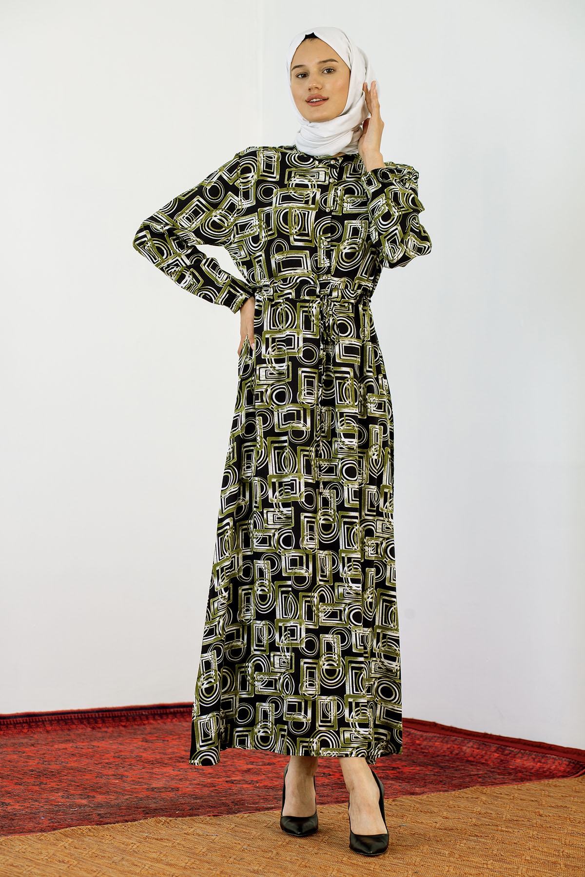 8427 Elbise 44-52 Kare - Yesil - 2