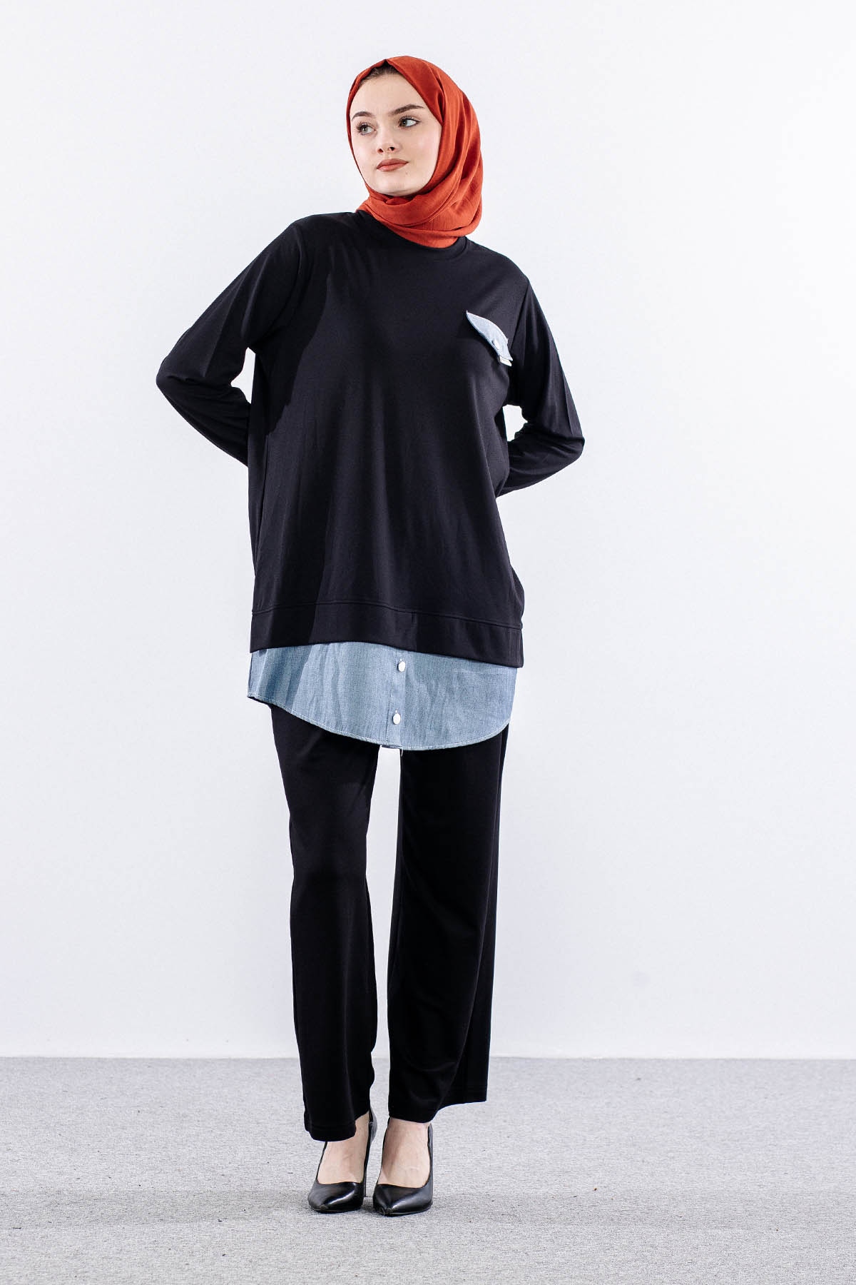 844-58 Tunik 40- Etekucu Kot Garni - Siyah - 1