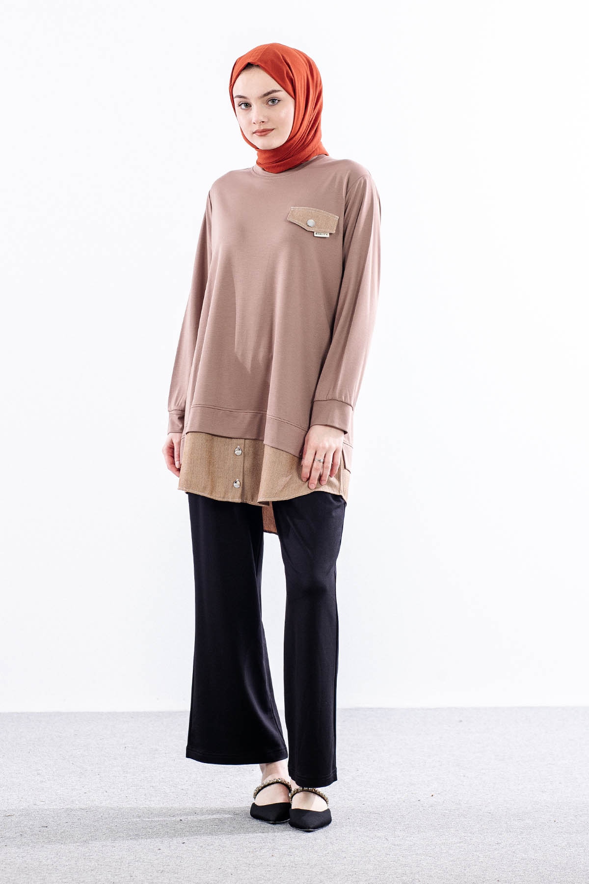 844-58 Tunik 40- Etekucu Kot Garni - Vizon - 1