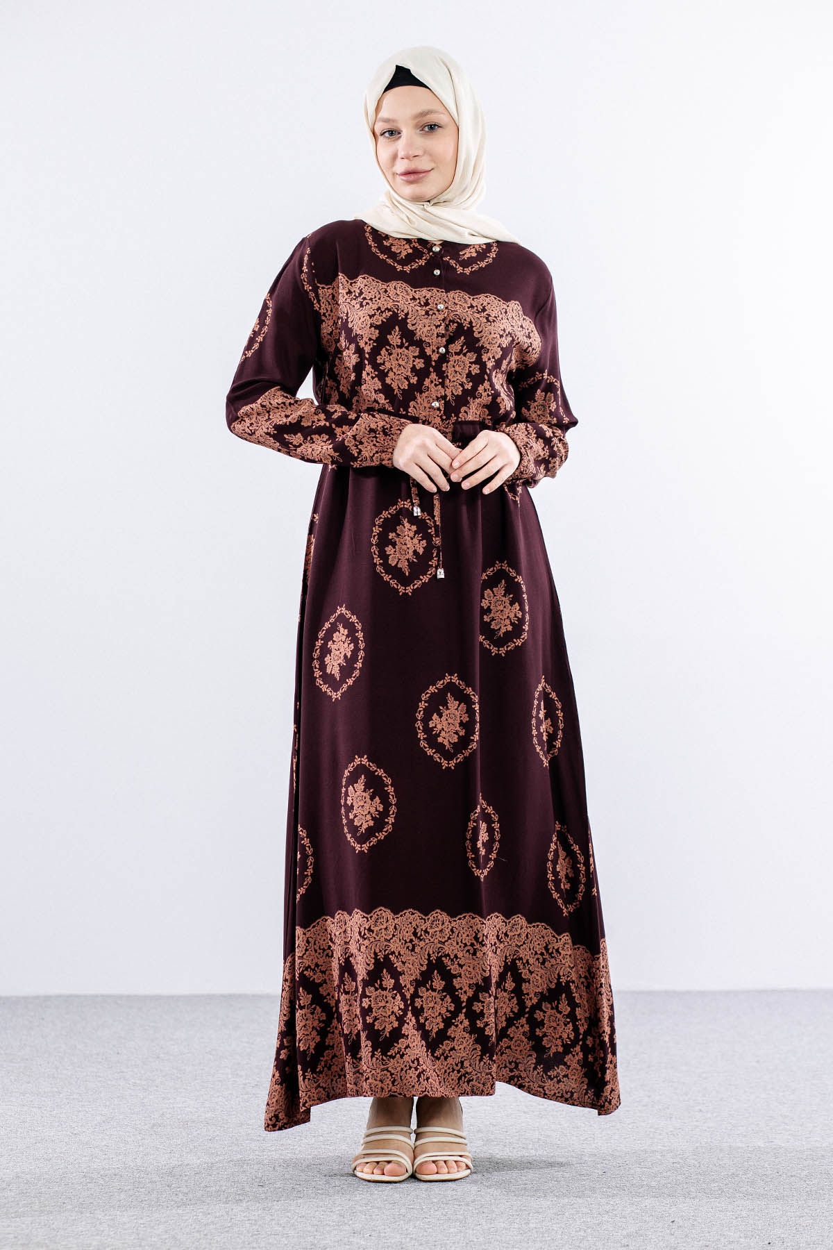 8441 Elbise 44-52 - Kahve - 1