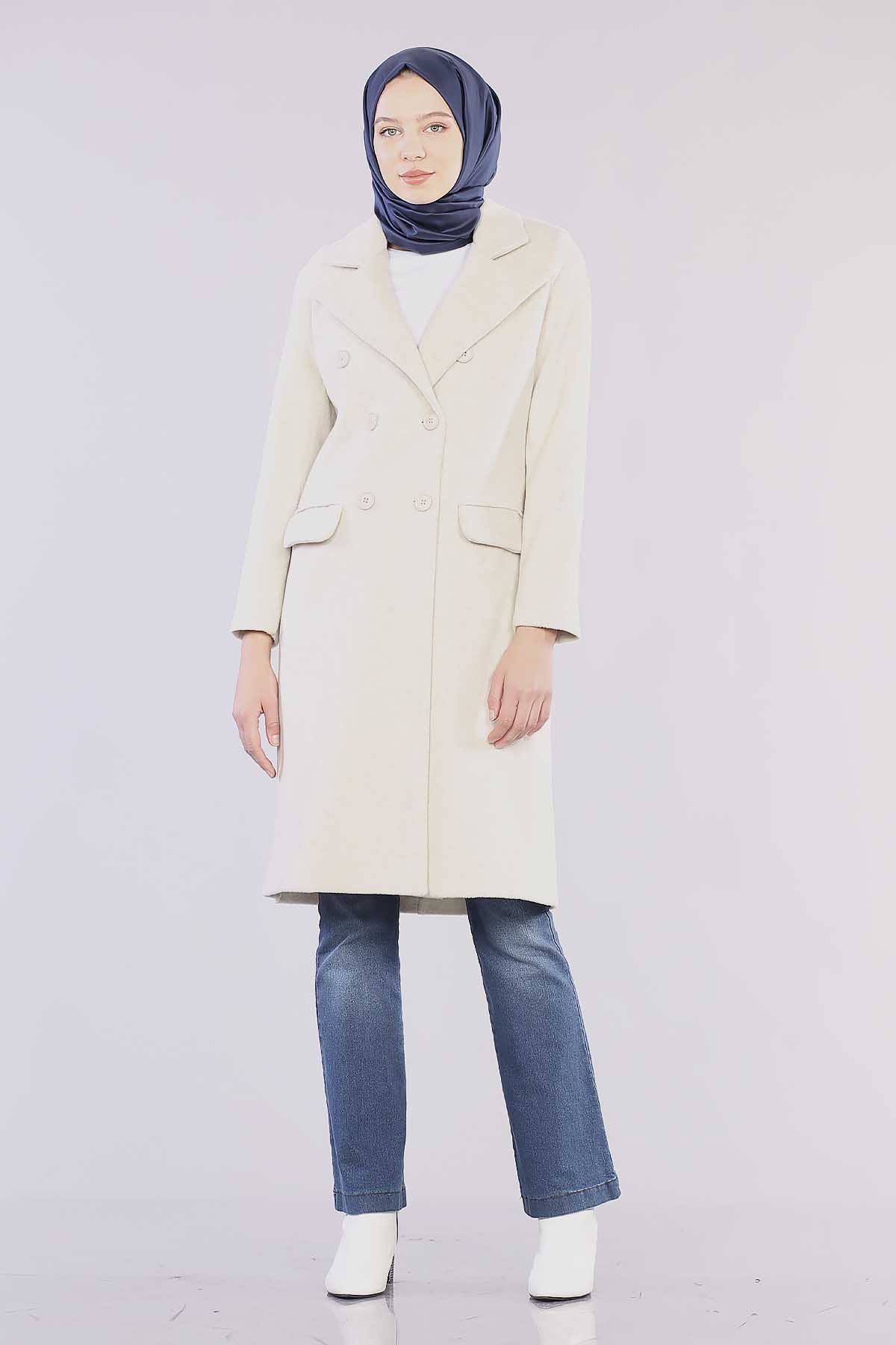 8519 Kaşe Kaban 38-44 - Krem - 1